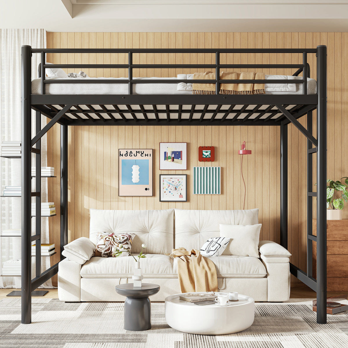 Loft Streamdale Full Size Metal Loft Bed with Ladder and Guardrails, Black