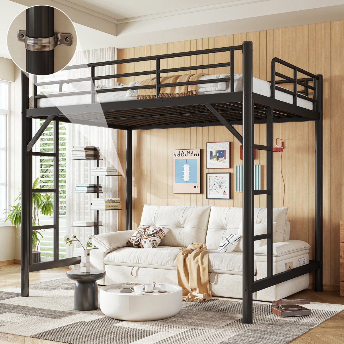Loft Streamdale Full Size Metal Loft Bed with Ladder and Guardrails, Black