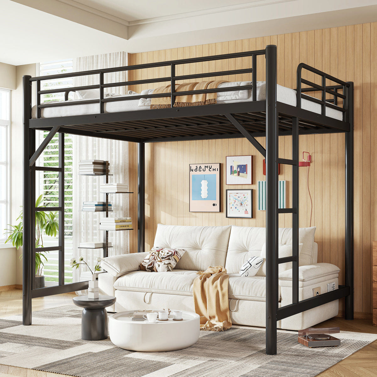 Loft Streamdale Full Size Metal Loft Bed with Ladder and Guardrails, Black