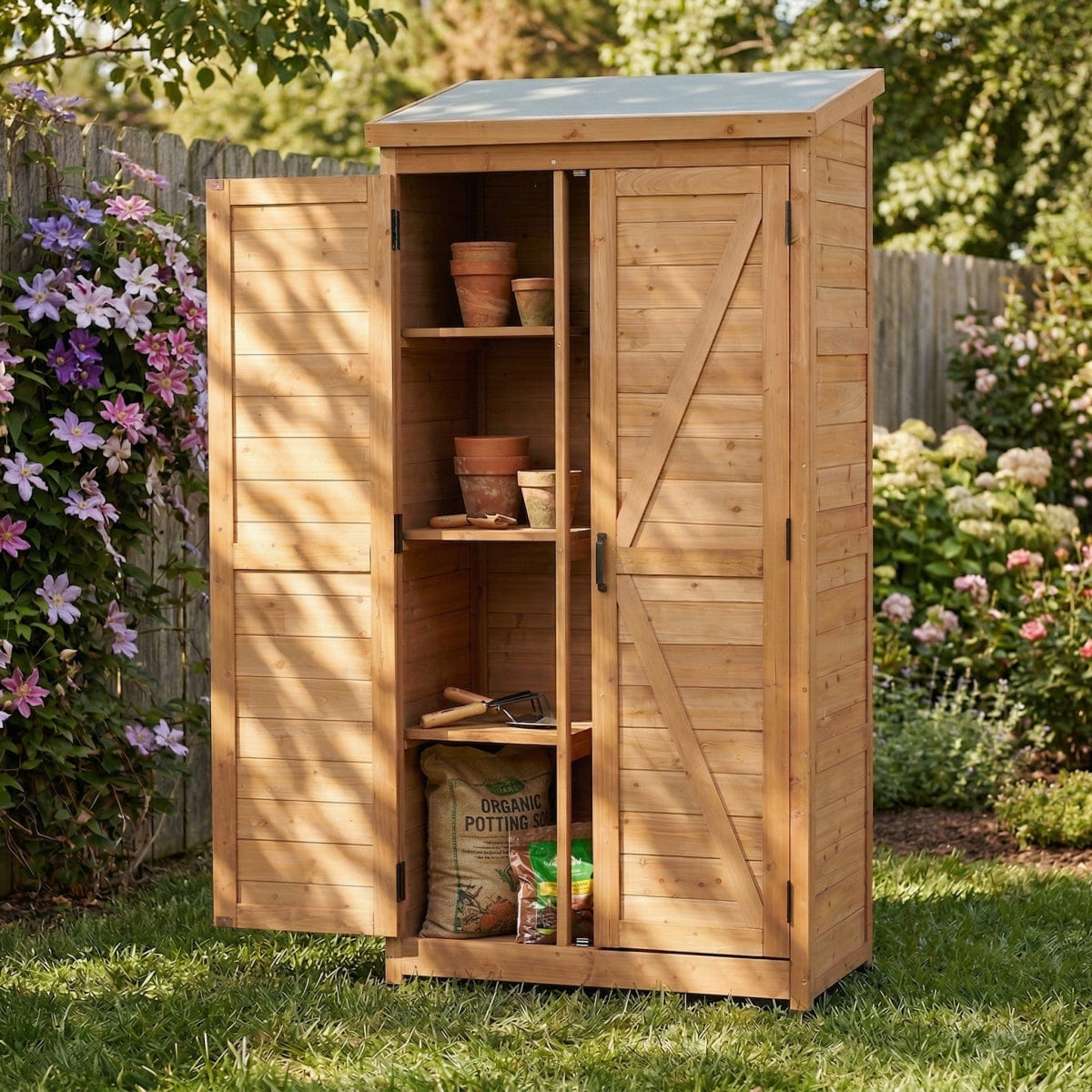 OUTDOOR Streamdale Outdoor Wooden Tall Storage Shed with Metal Top