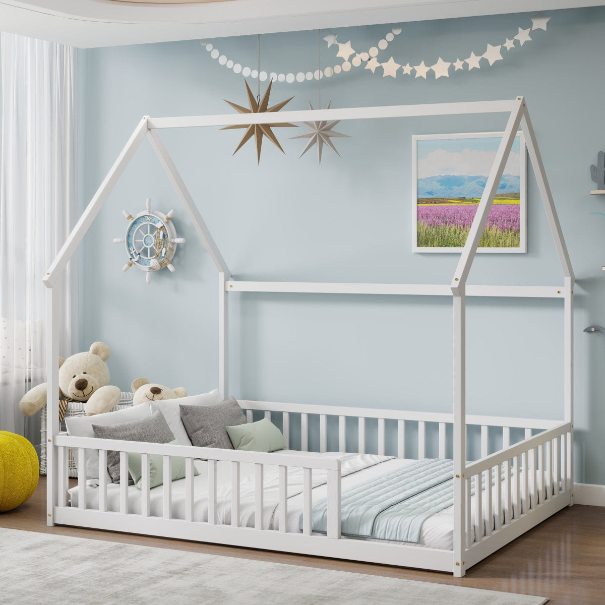 FLOOR Streamdale Full Size House Floor Bed with Roof and Guardrails, White