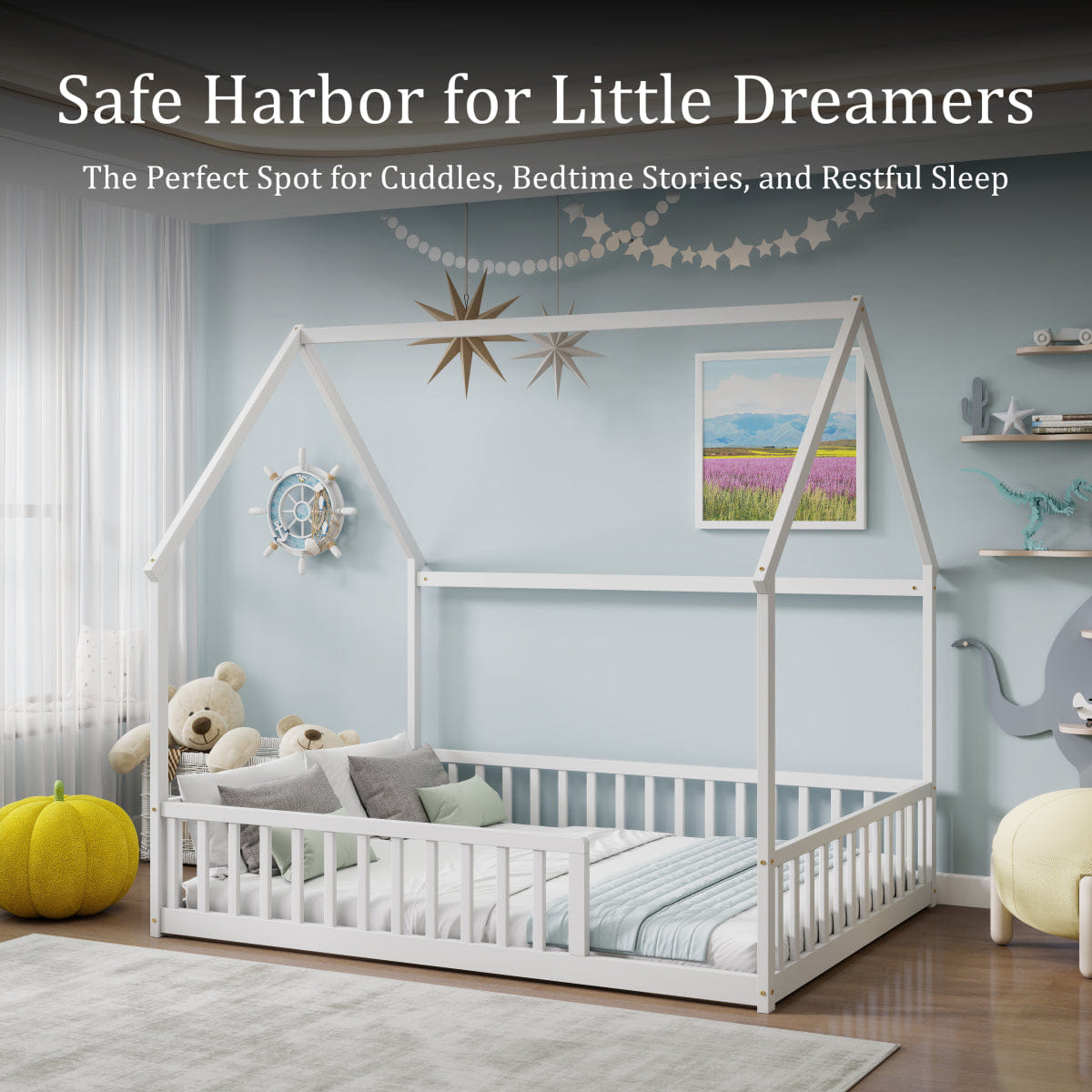FLOOR Streamdale Full Size House Floor Bed with Roof and Guardrails, White