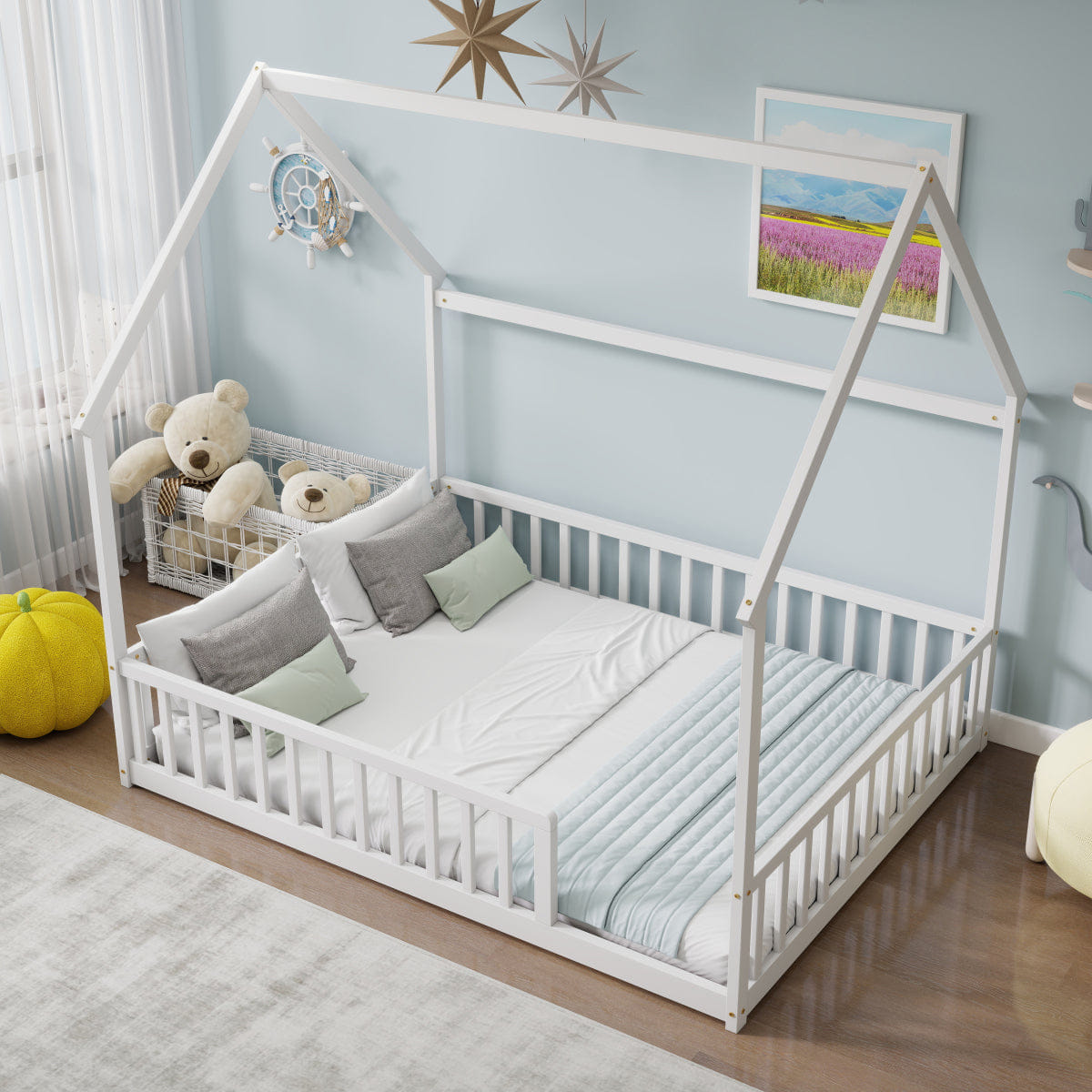 FLOOR Streamdale Full Size House Floor Bed with Roof and Guardrails, White