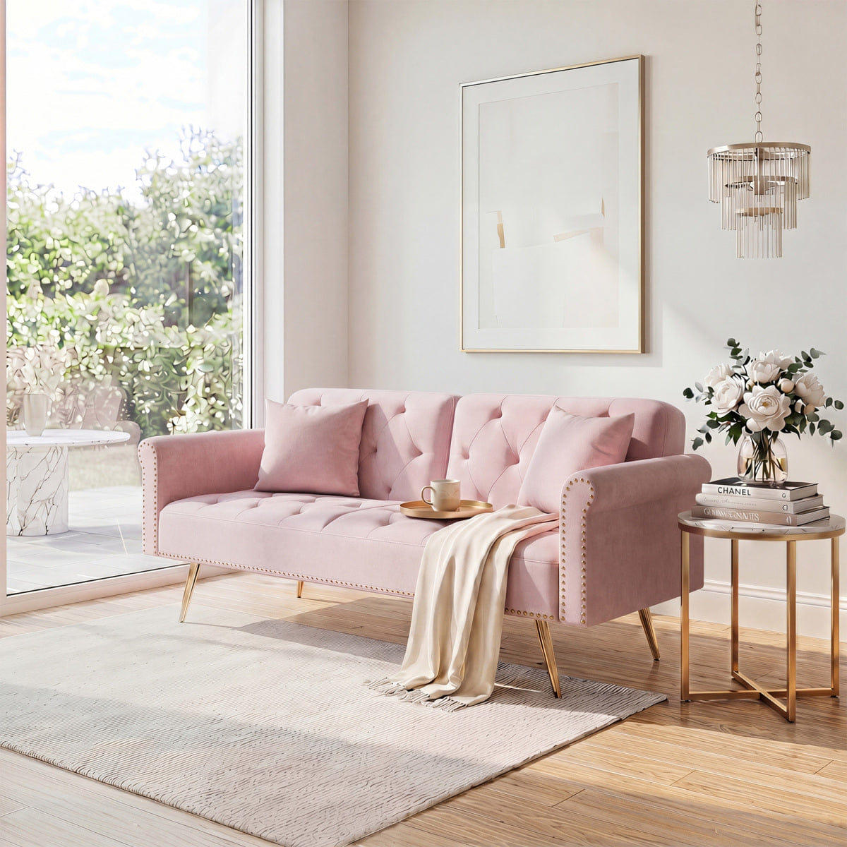 Velvet Streamdale Velvet Convertible Sofa Bed with Gold Metal Legs