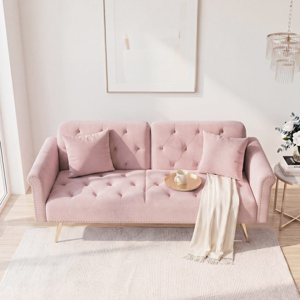 Velvet Streamdale Velvet Convertible Sofa Bed with Gold Metal Legs