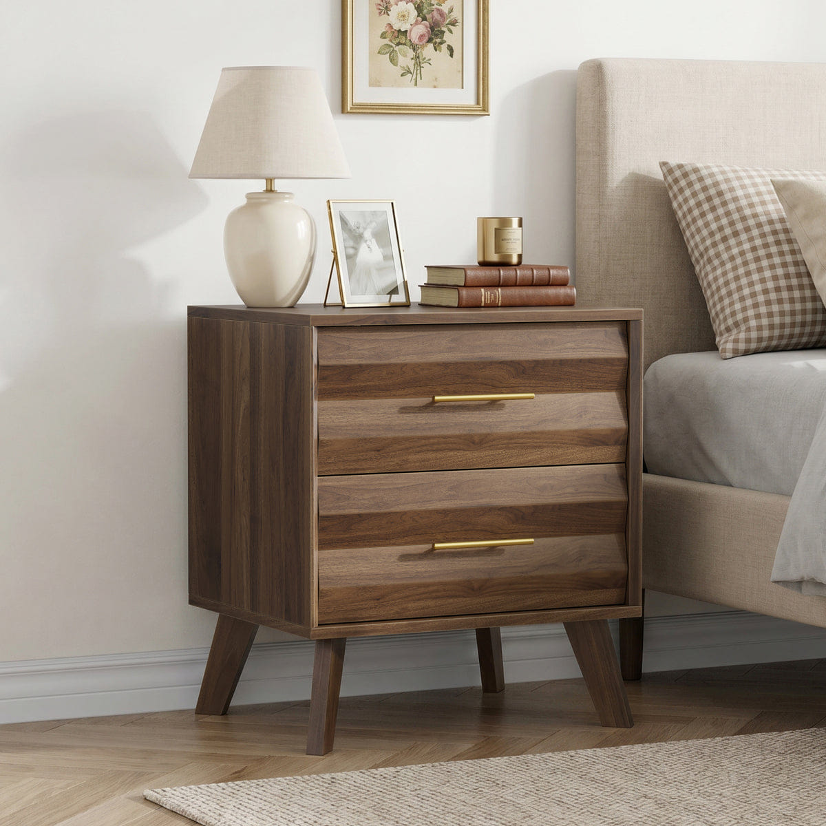 Drawer Streamdale Walnut Double Drawer Mid - Century Modern Bedside Table with Metal Handles