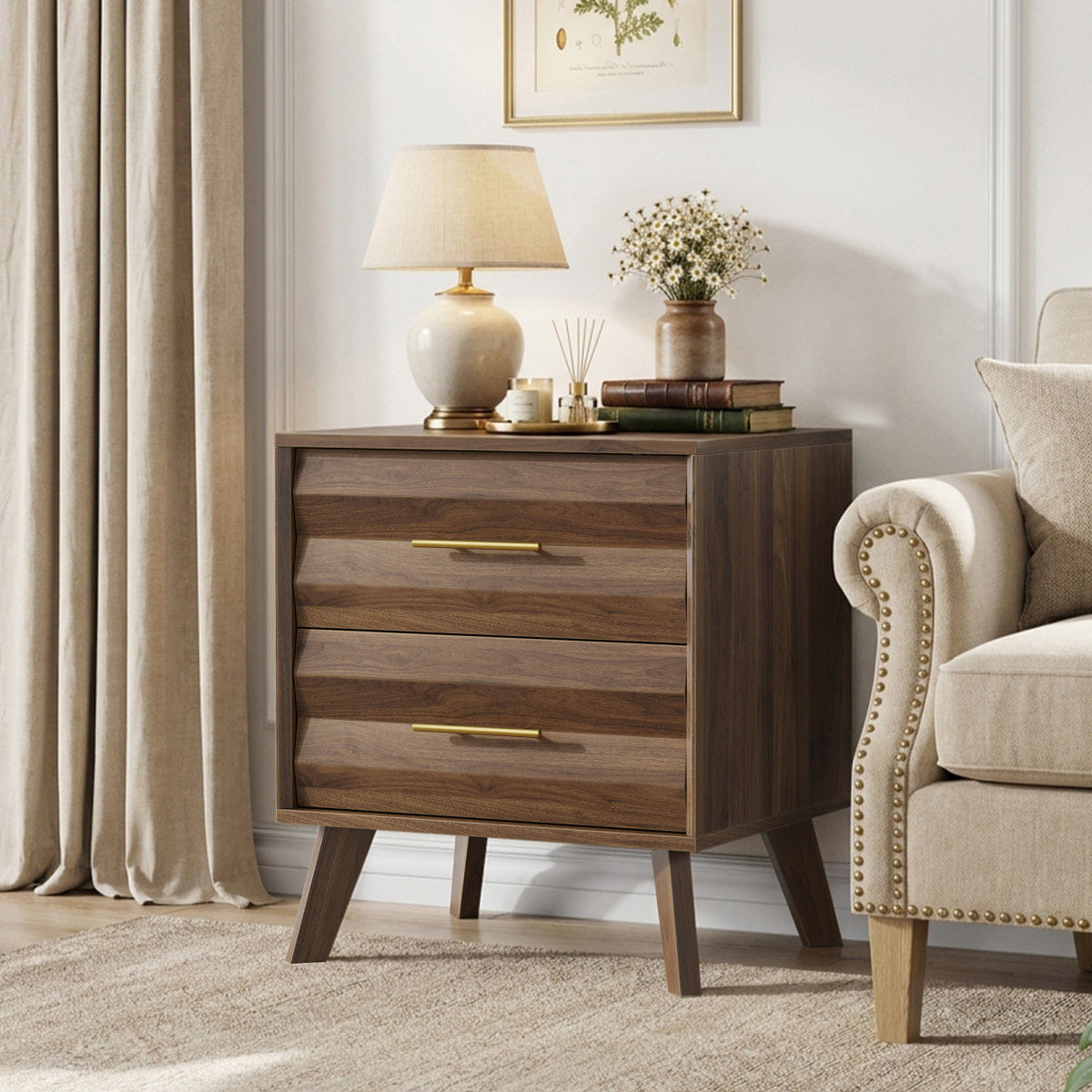 Drawer Streamdale Walnut Double Drawer Mid - Century Modern Bedside Table with Metal Handles