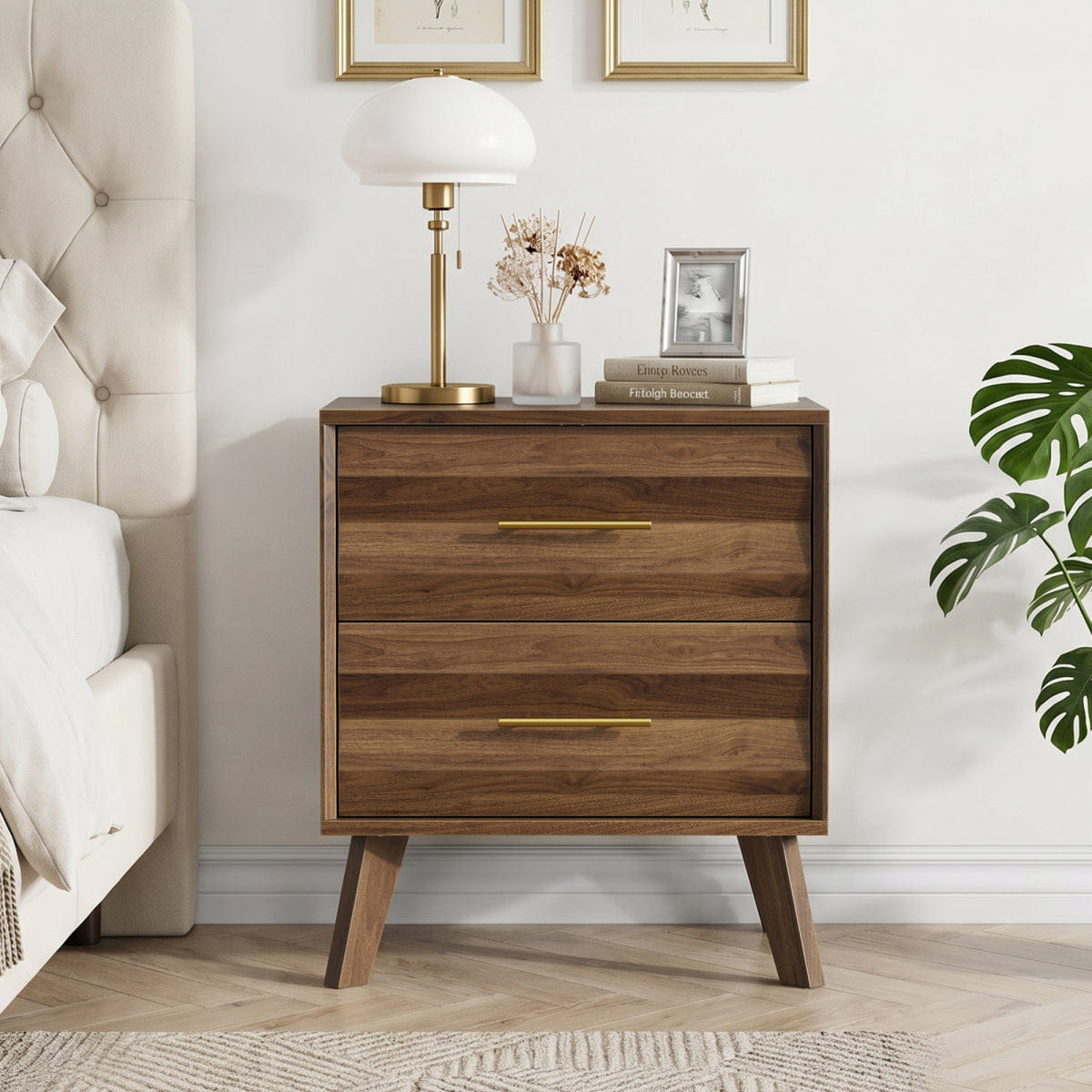 Drawer Streamdale Walnut Double Drawer Mid - Century Modern Bedside Table with Metal Handles