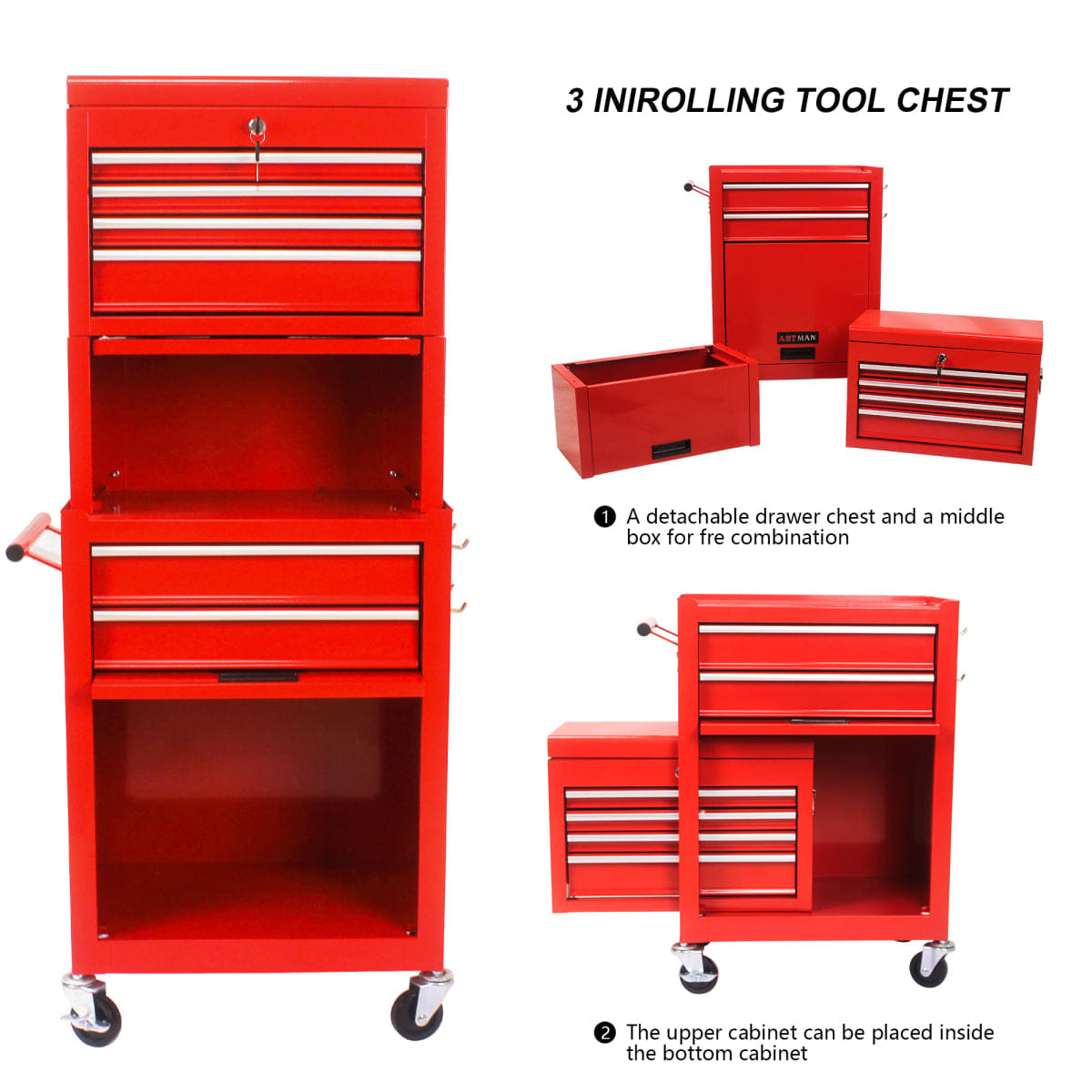 Drawer Streamdale 6 - Drawer Rolling Tool Chest and Cabinet Storage Organizer, Red
