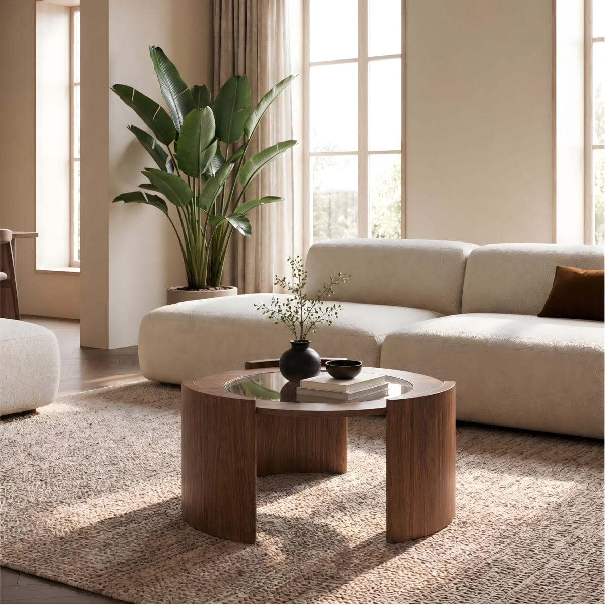 WOOD Streamdale Mid - Century Modern Round Wood and Glass Coffee Table, Walnut