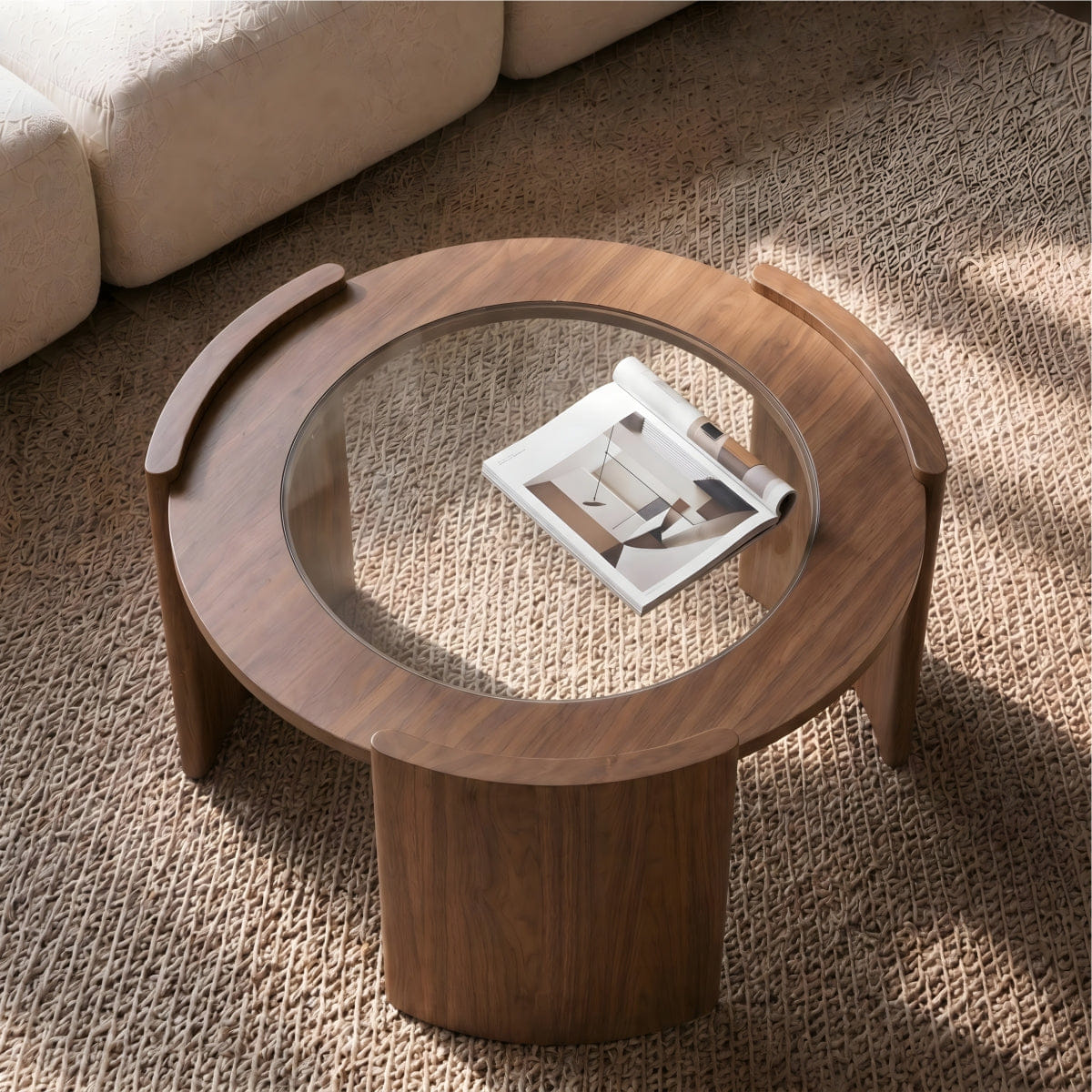 WOOD Streamdale Mid - Century Modern Round Wood and Glass Coffee Table, Walnut