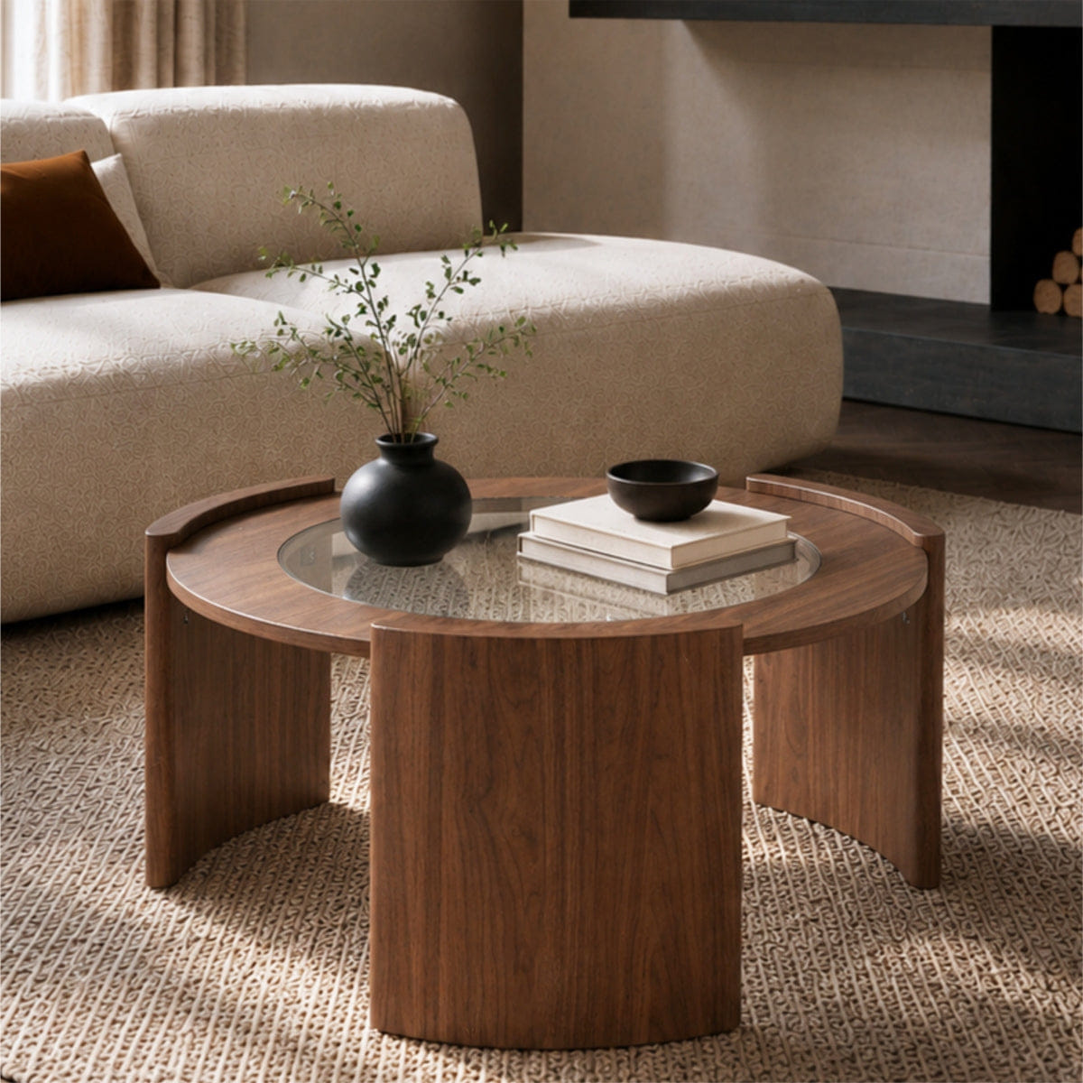 WOOD Streamdale Mid - Century Modern Round Wood and Glass Coffee Table, Walnut