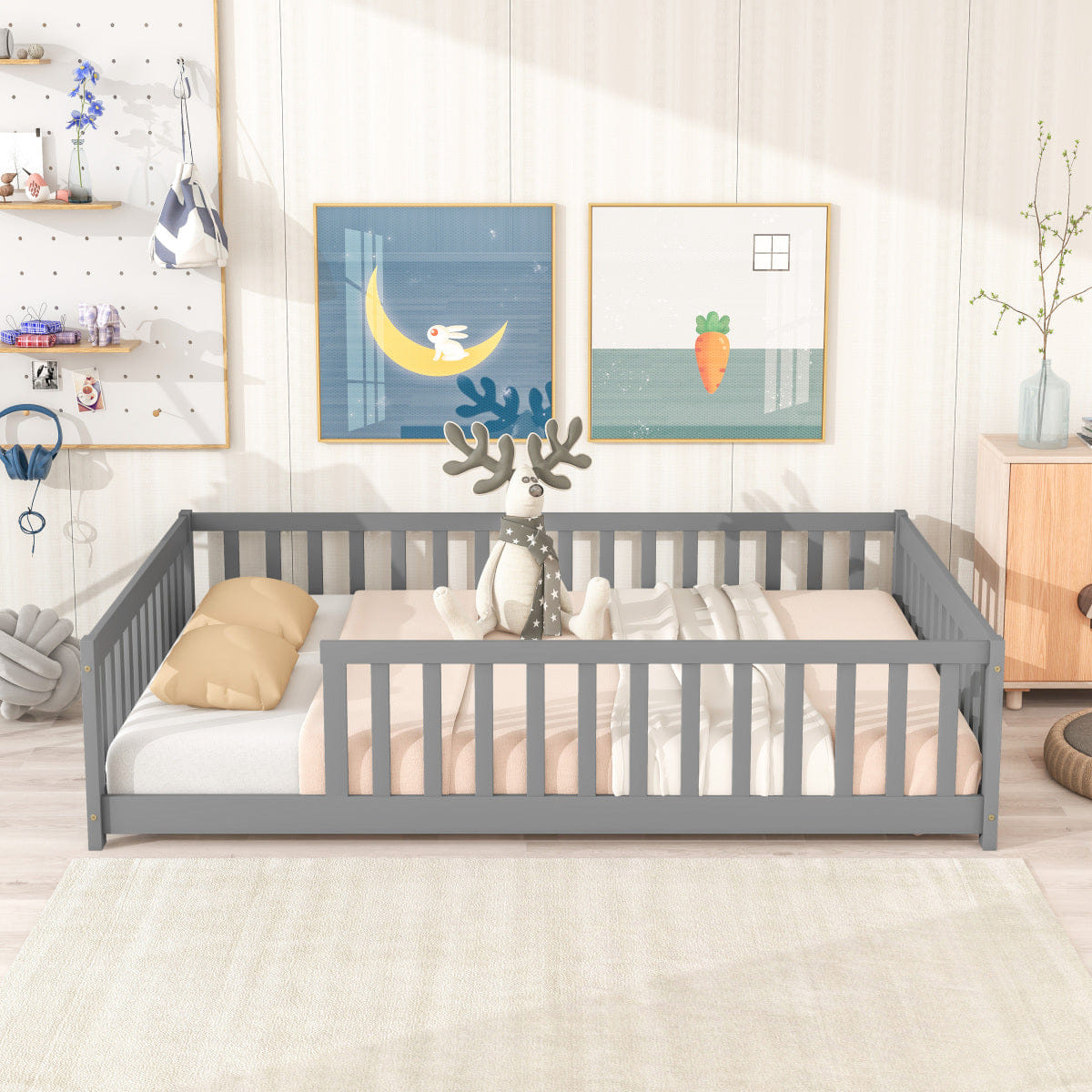 FLOOR Streamdale Full Size Floor Bed with Fence & Guardrails, Grey