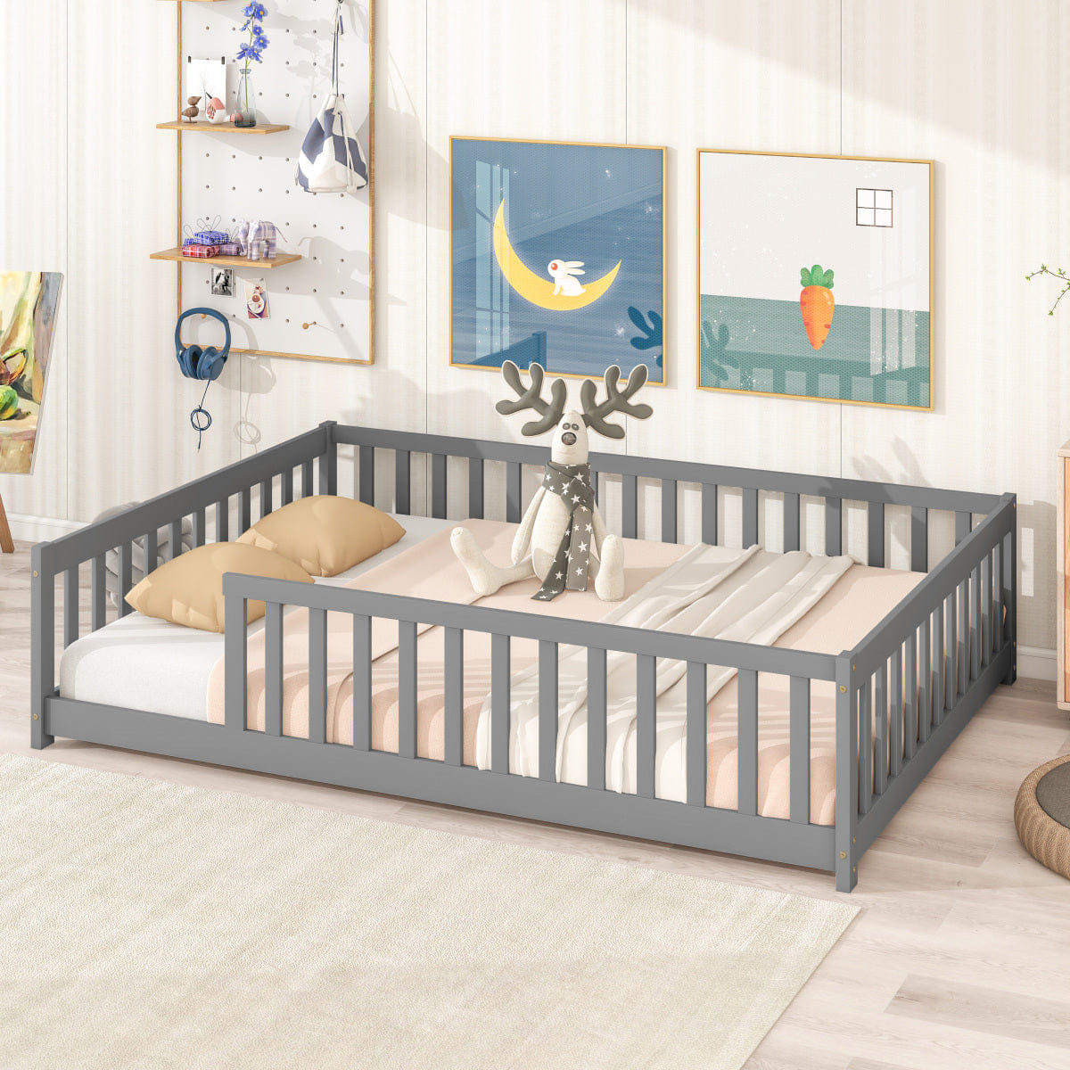 FLOOR Streamdale Full Size Floor Bed with Fence & Guardrails, Grey
