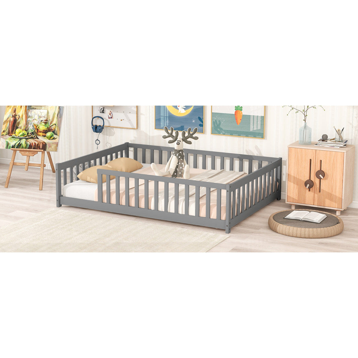 FLOOR Streamdale Full Size Floor Bed with Fence & Guardrails, Grey
