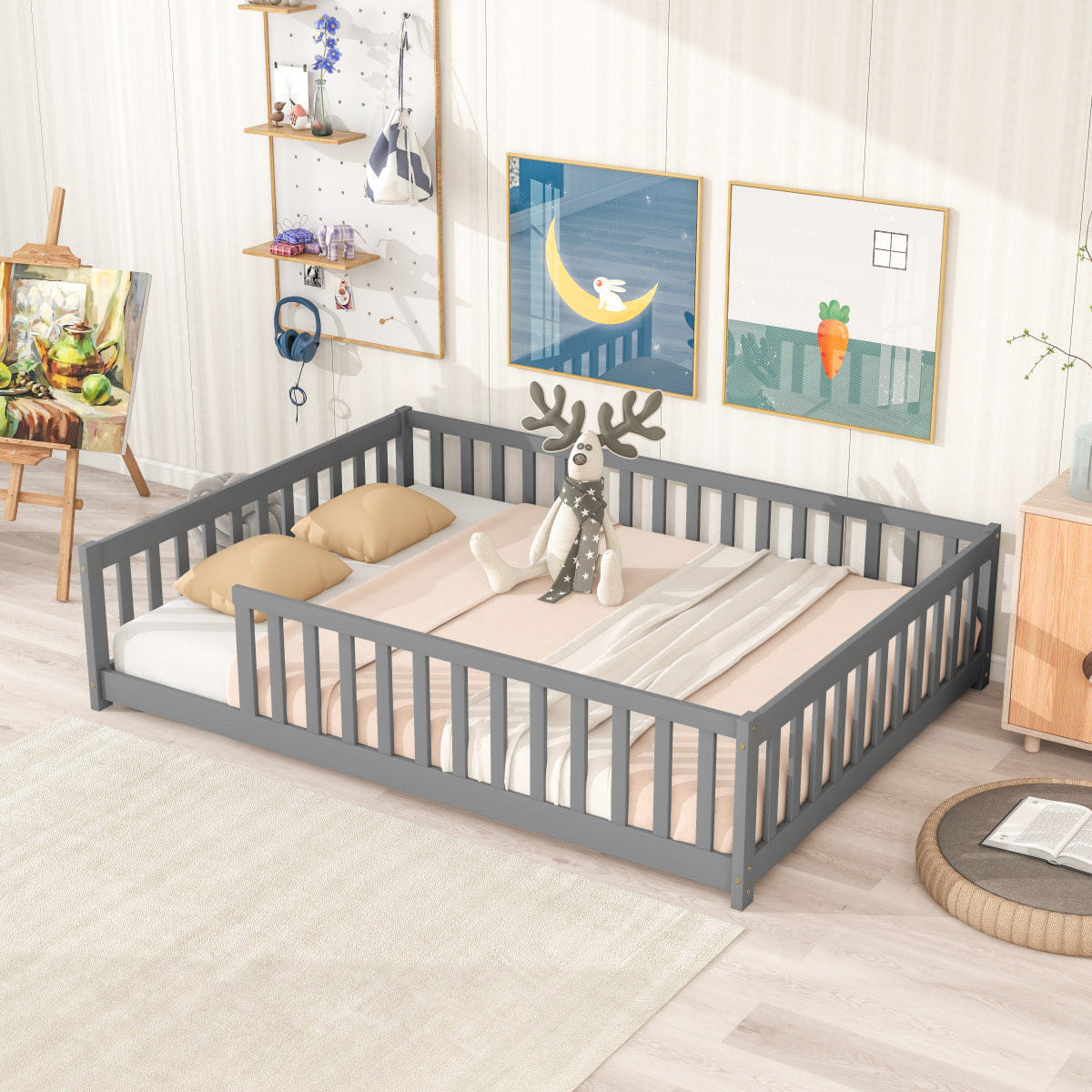 FLOOR Streamdale Full Size Floor Bed with Fence & Guardrails, Grey