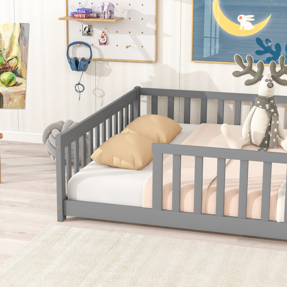 FLOOR Streamdale Full Size Floor Bed with Fence & Guardrails, Grey