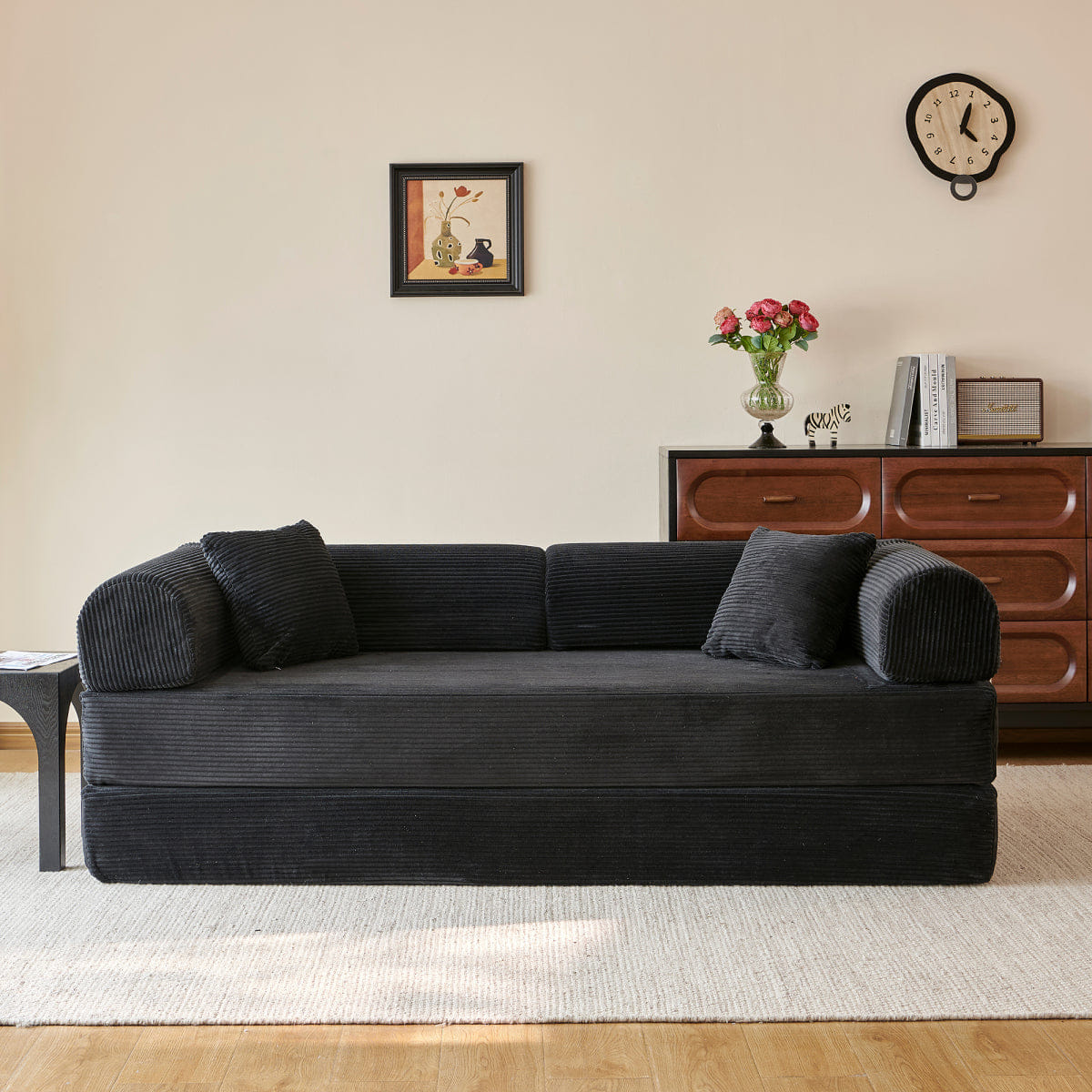 Corduroy Streamdale 78.8" Convertible Corduroy Floor Sofa Bed with Pillow and Armrest, Black