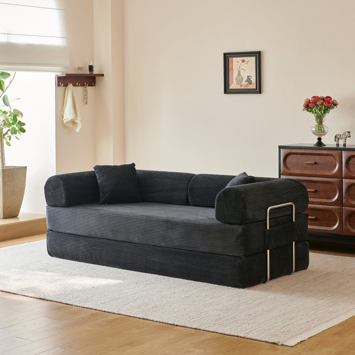 Corduroy Streamdale 78.8" Convertible Corduroy Floor Sofa Bed with Pillow and Armrest, Black