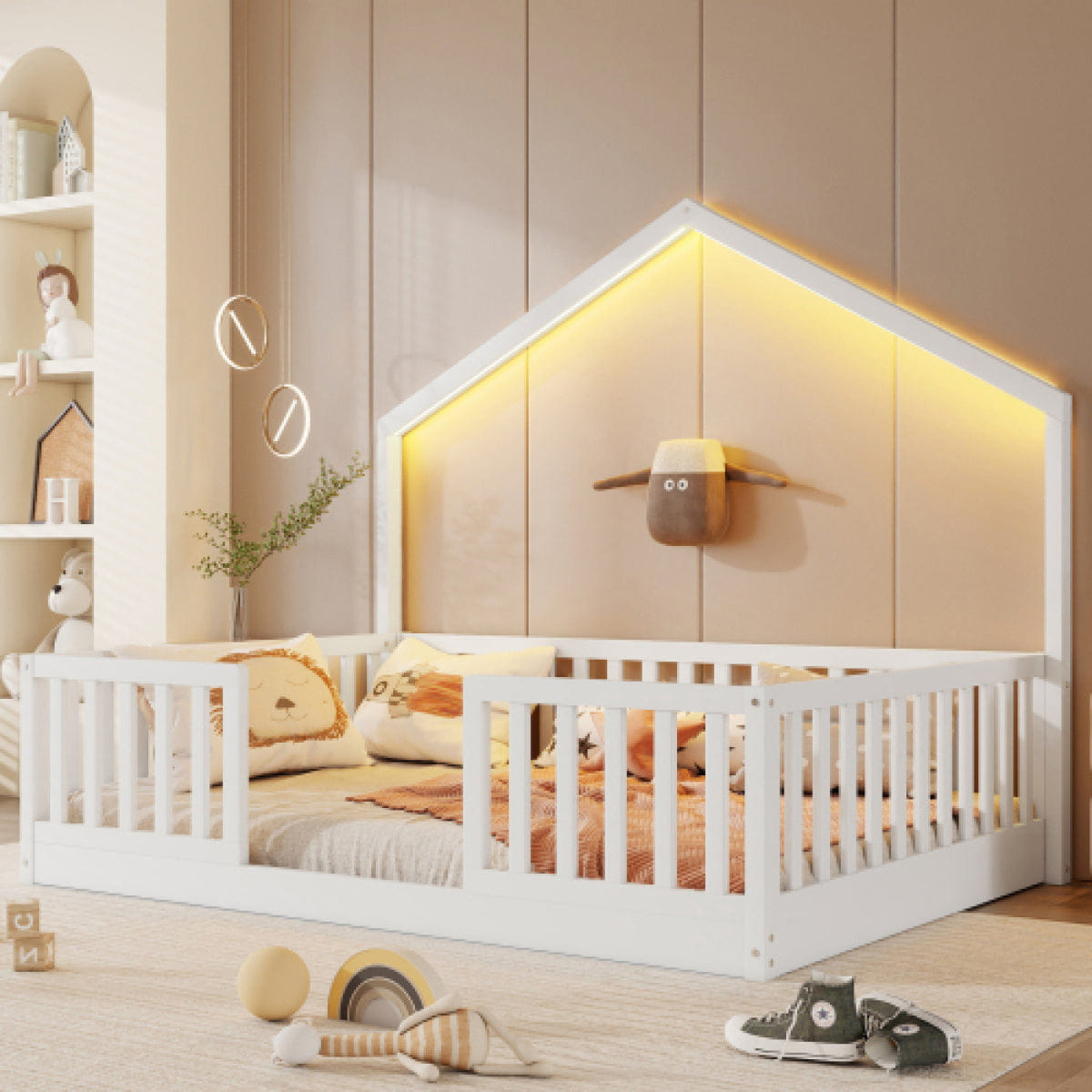FLOOR Streamdale Full Floor Bed with High Rails and Light for Kids, White