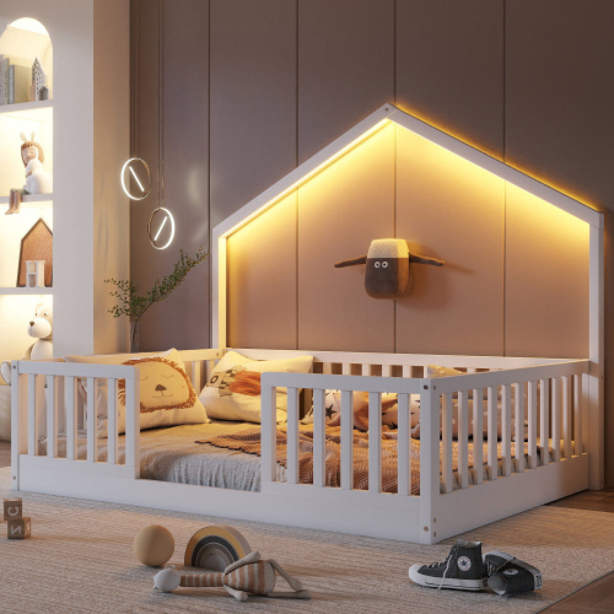 FLOOR Streamdale Full Floor Bed with High Rails and Light for Kids, White