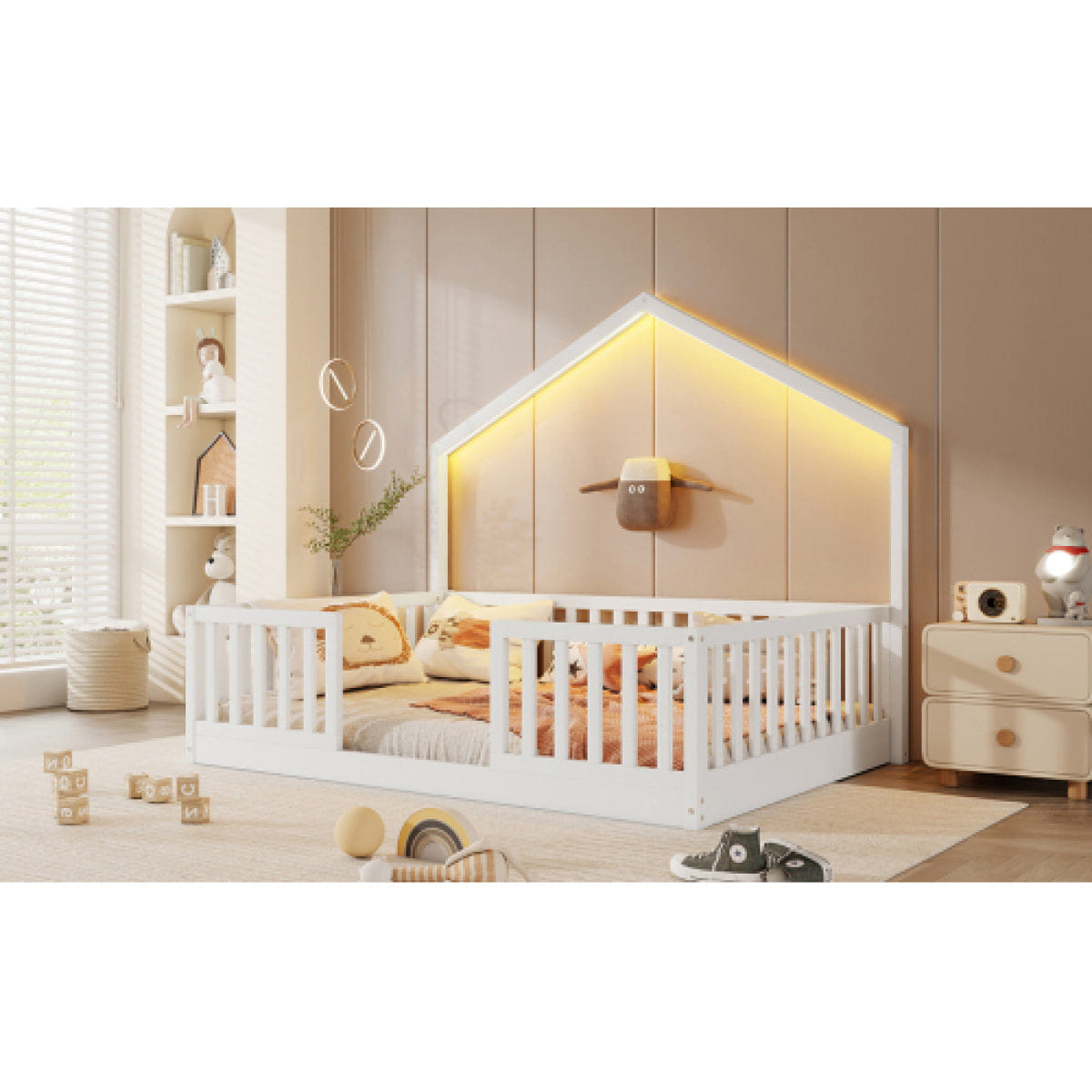 FLOOR Streamdale Full Floor Bed with High Rails and Light for Kids, White