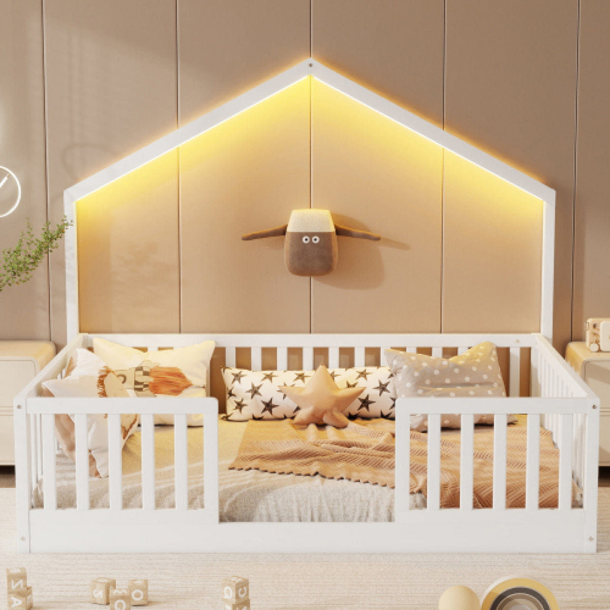 FLOOR Streamdale Full Floor Bed with High Rails and Light for Kids, White