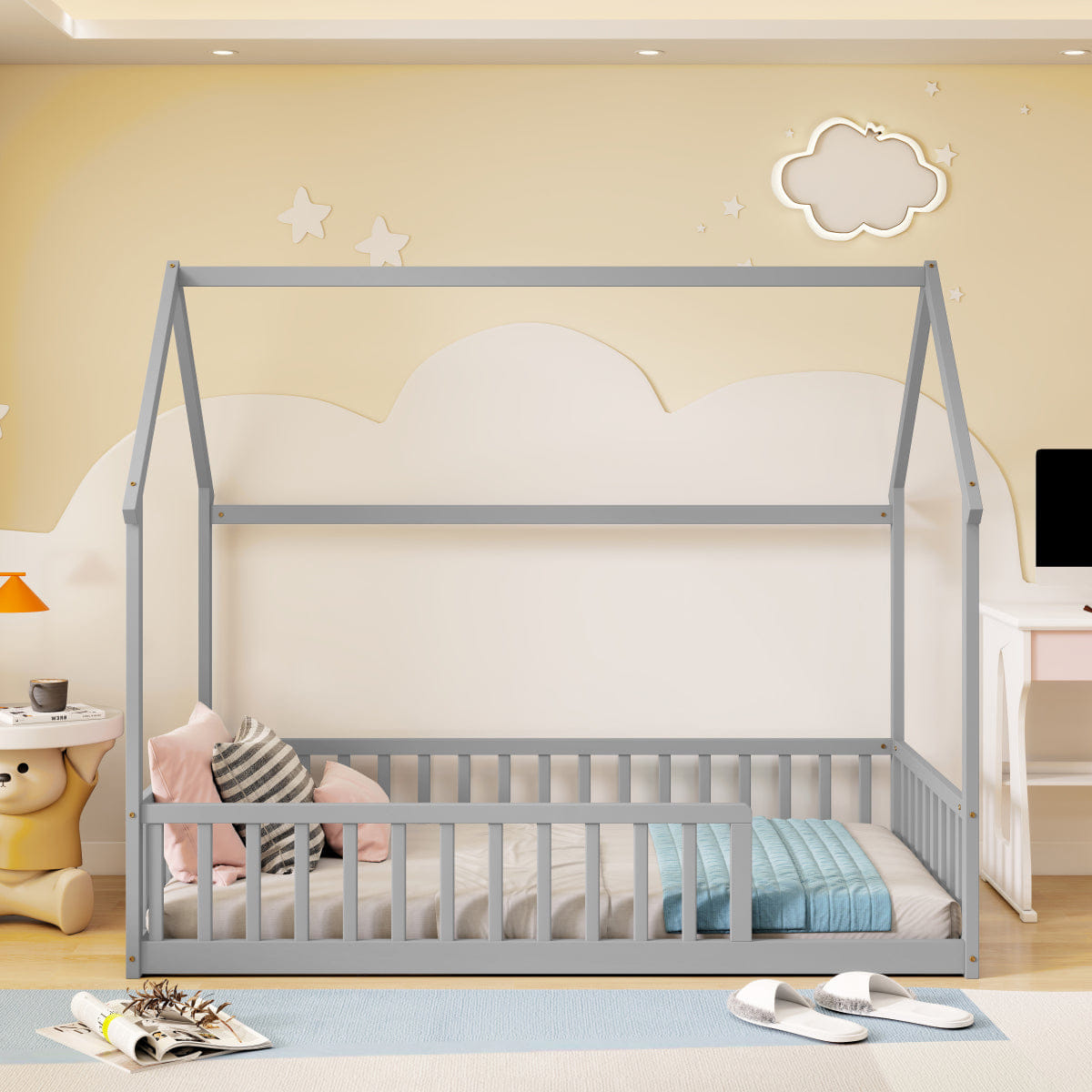 FLOOR Streamdale Twin House Floor Bed with Roof, Guardrails, Grey
