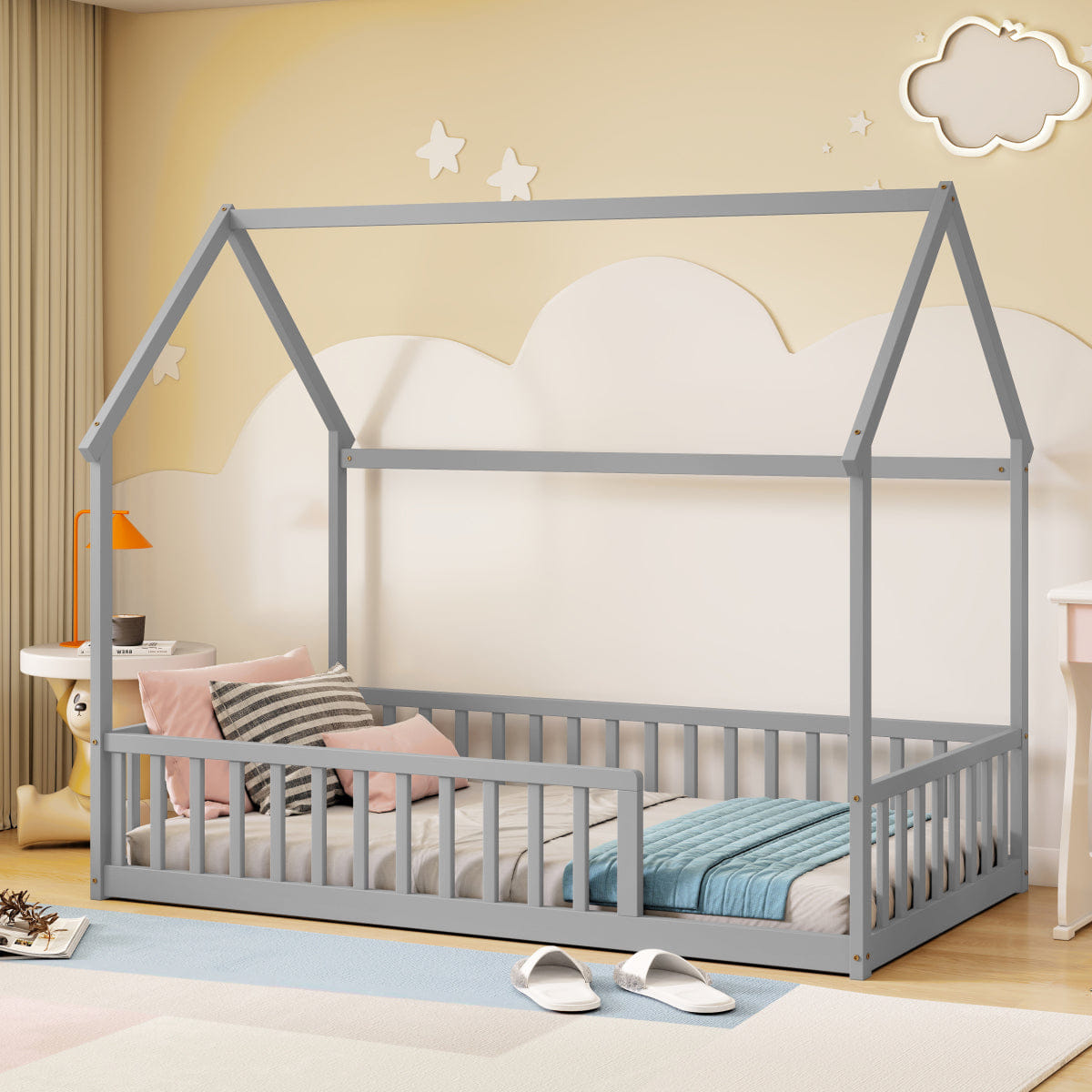 FLOOR Streamdale Twin House Floor Bed with Roof, Guardrails, Grey