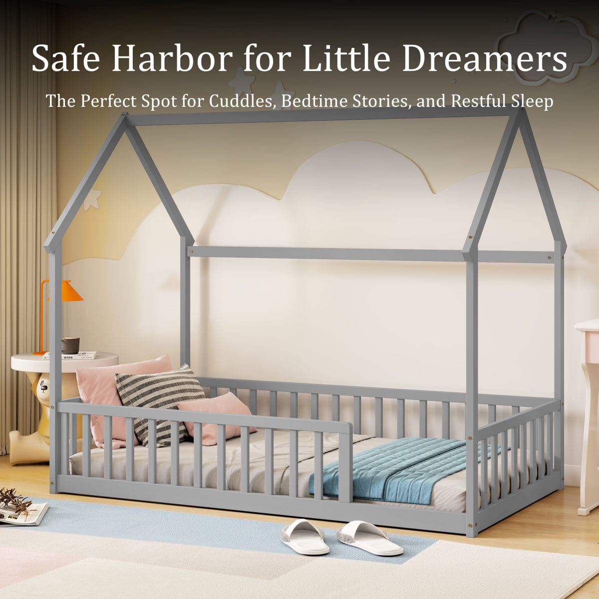 FLOOR Streamdale Twin House Floor Bed with Roof, Guardrails, Grey