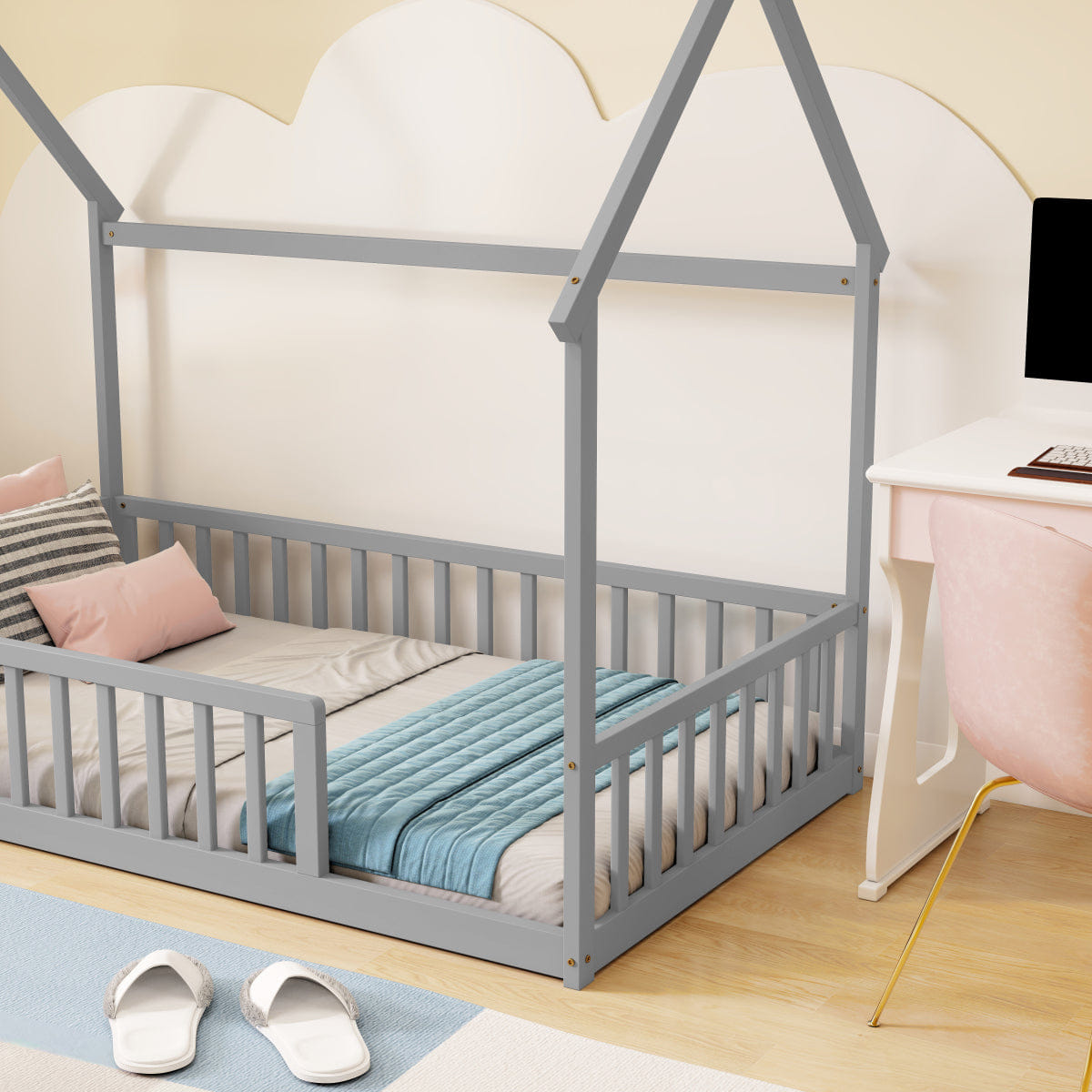 FLOOR Streamdale Twin House Floor Bed with Roof, Guardrails, Grey