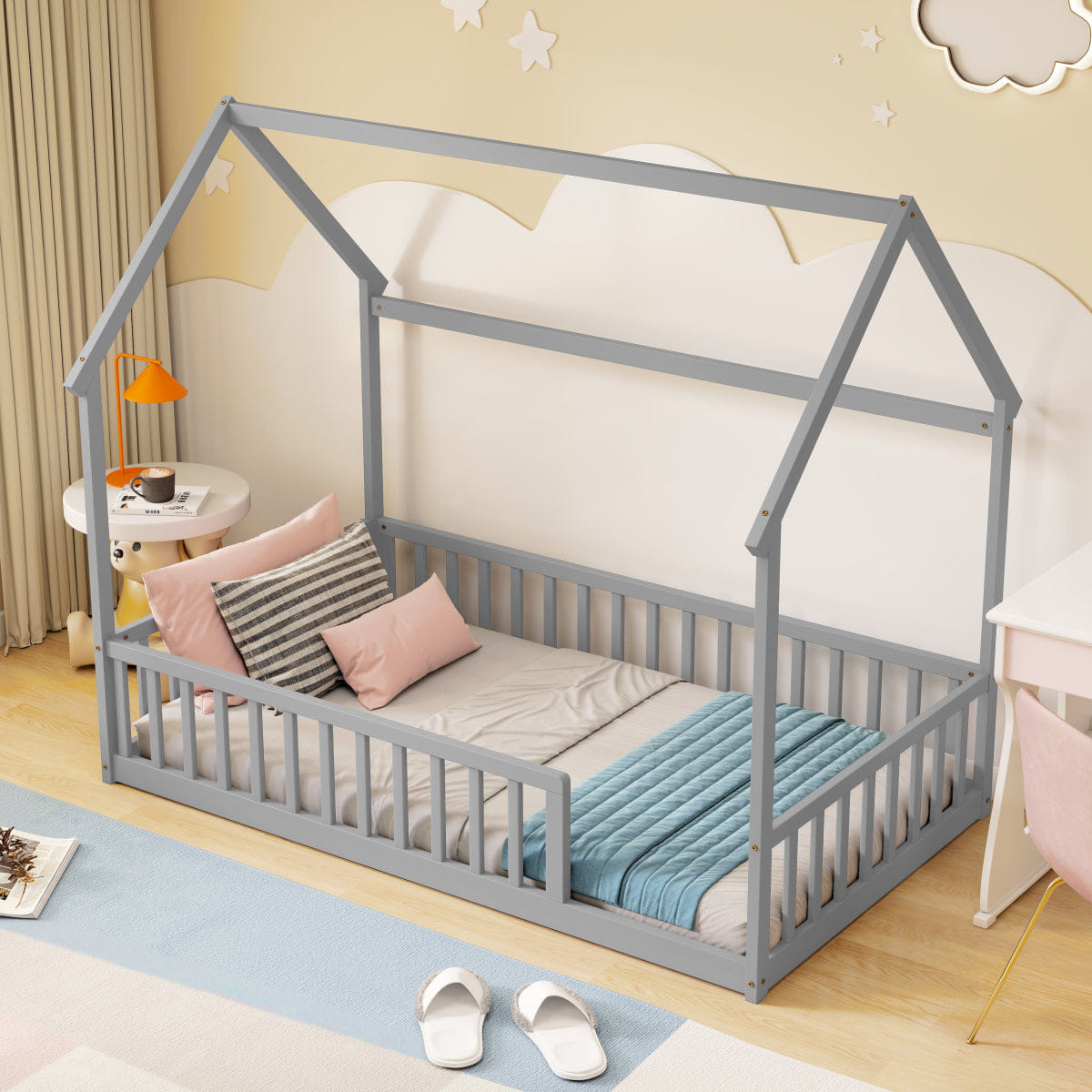 FLOOR Streamdale Twin House Floor Bed with Roof, Guardrails, Grey