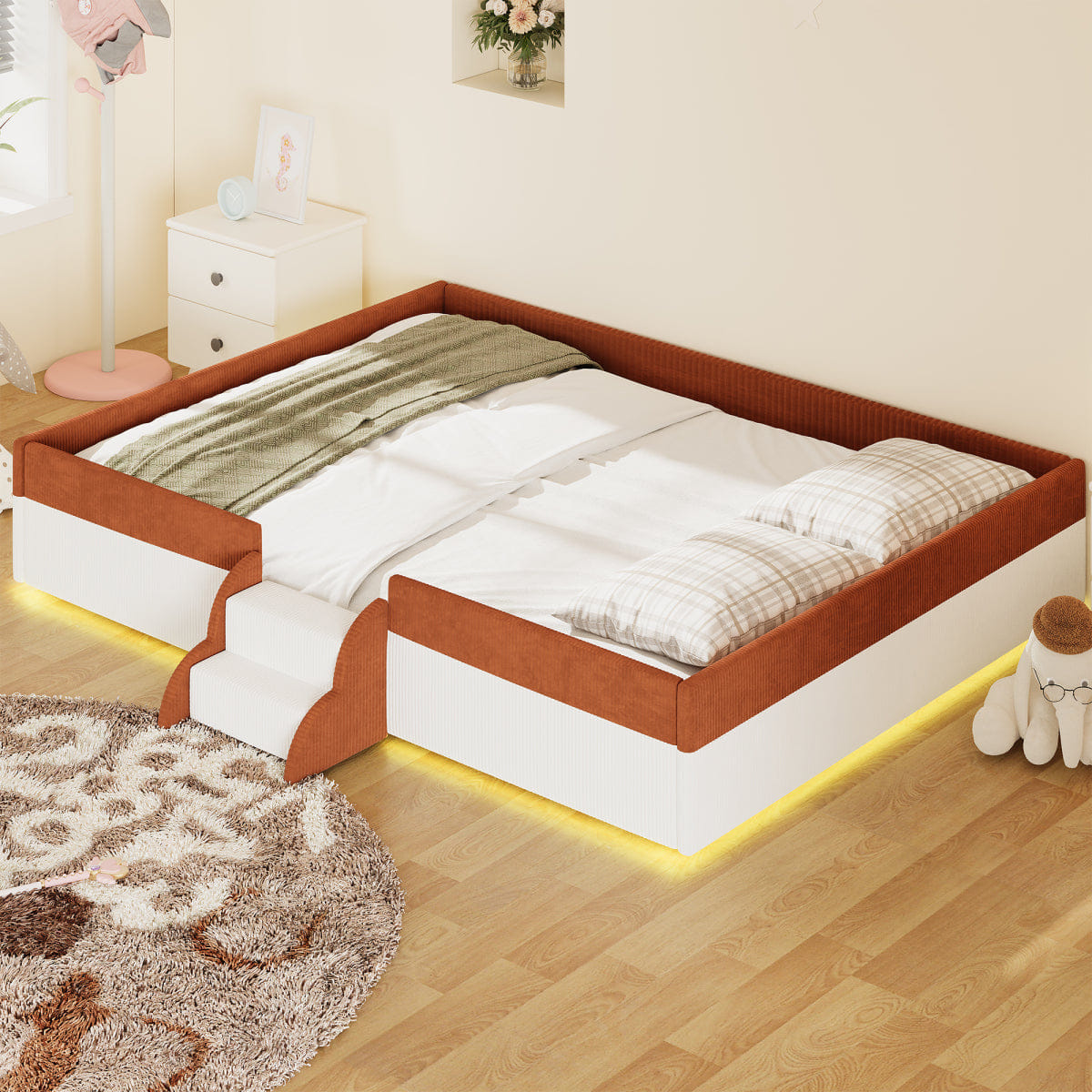 FLOOR Streamdale Queen Upholstered Floor Bed with Fence & LED Lights, Brown/White