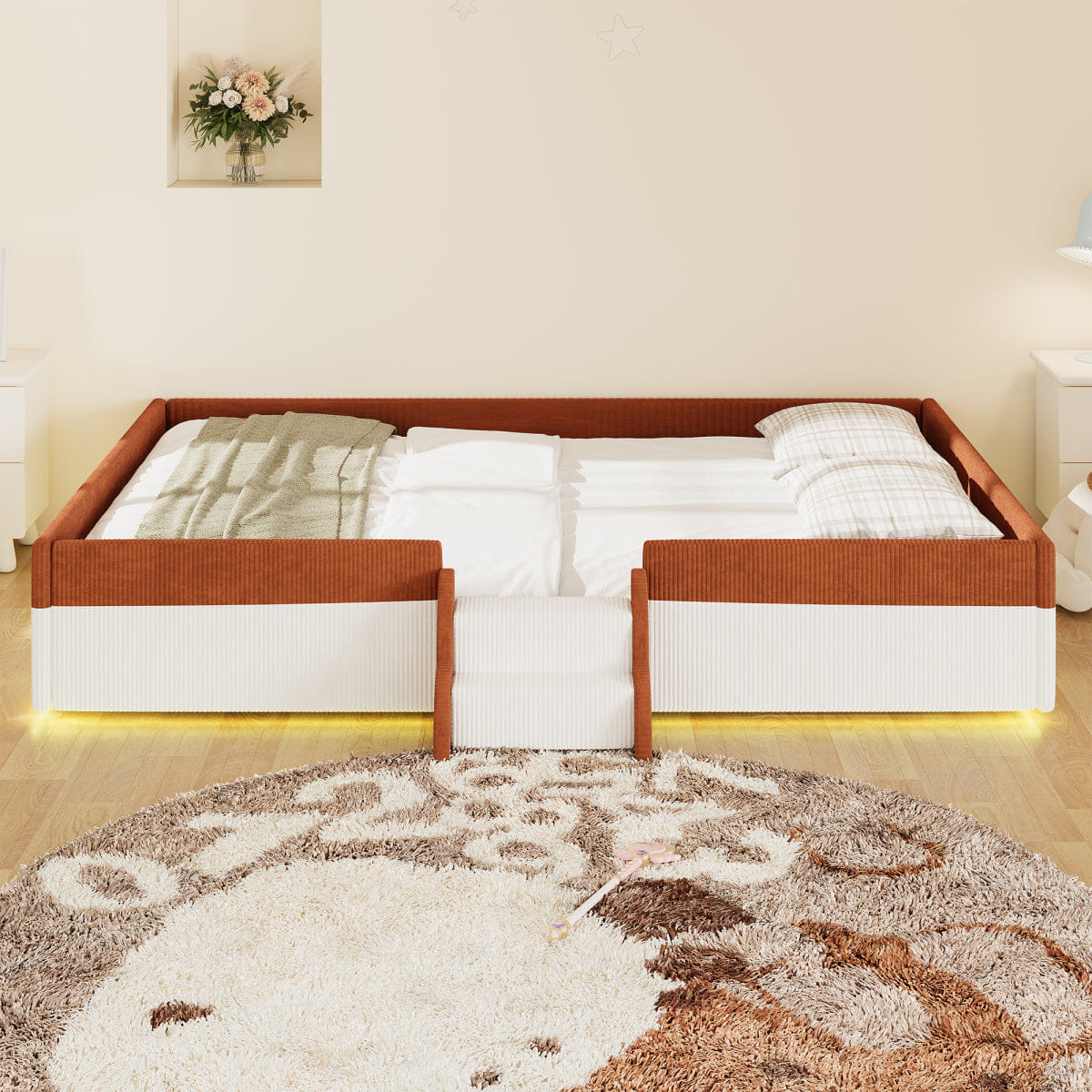 FLOOR Streamdale Queen Upholstered Floor Bed with Fence & LED Lights, Brown/White