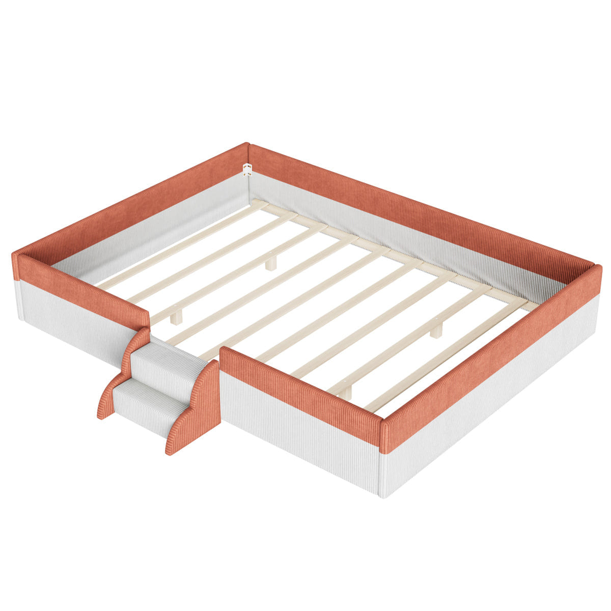 FLOOR Streamdale Queen Upholstered Floor Bed with Fence & LED Lights, Brown/White