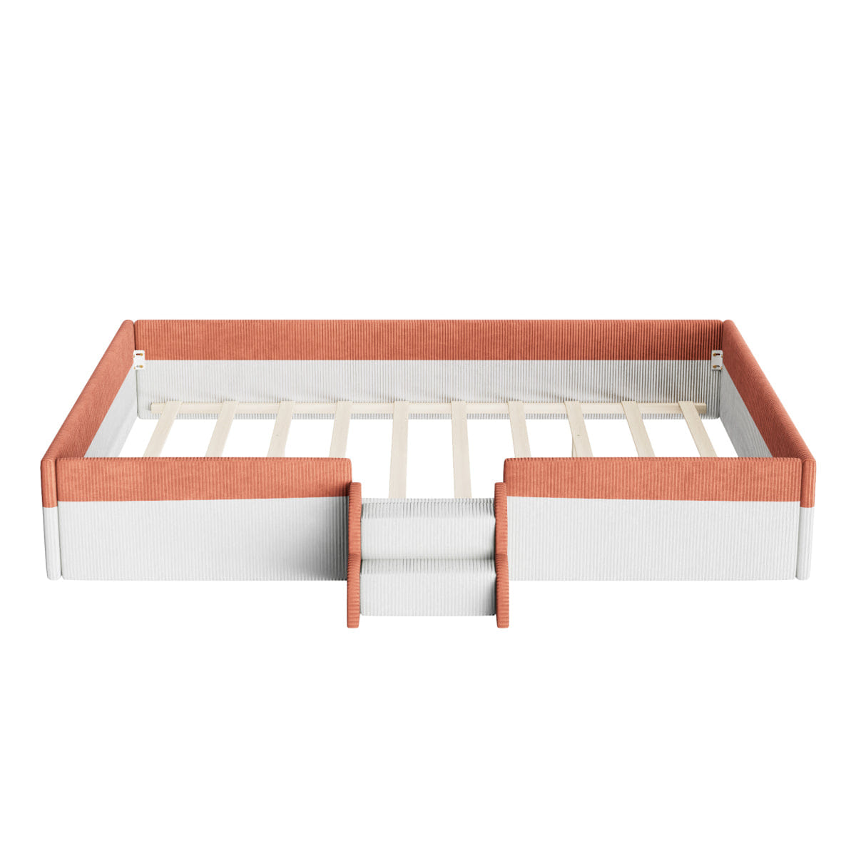 FLOOR Streamdale Queen Upholstered Floor Bed with Fence & LED Lights, Brown/White