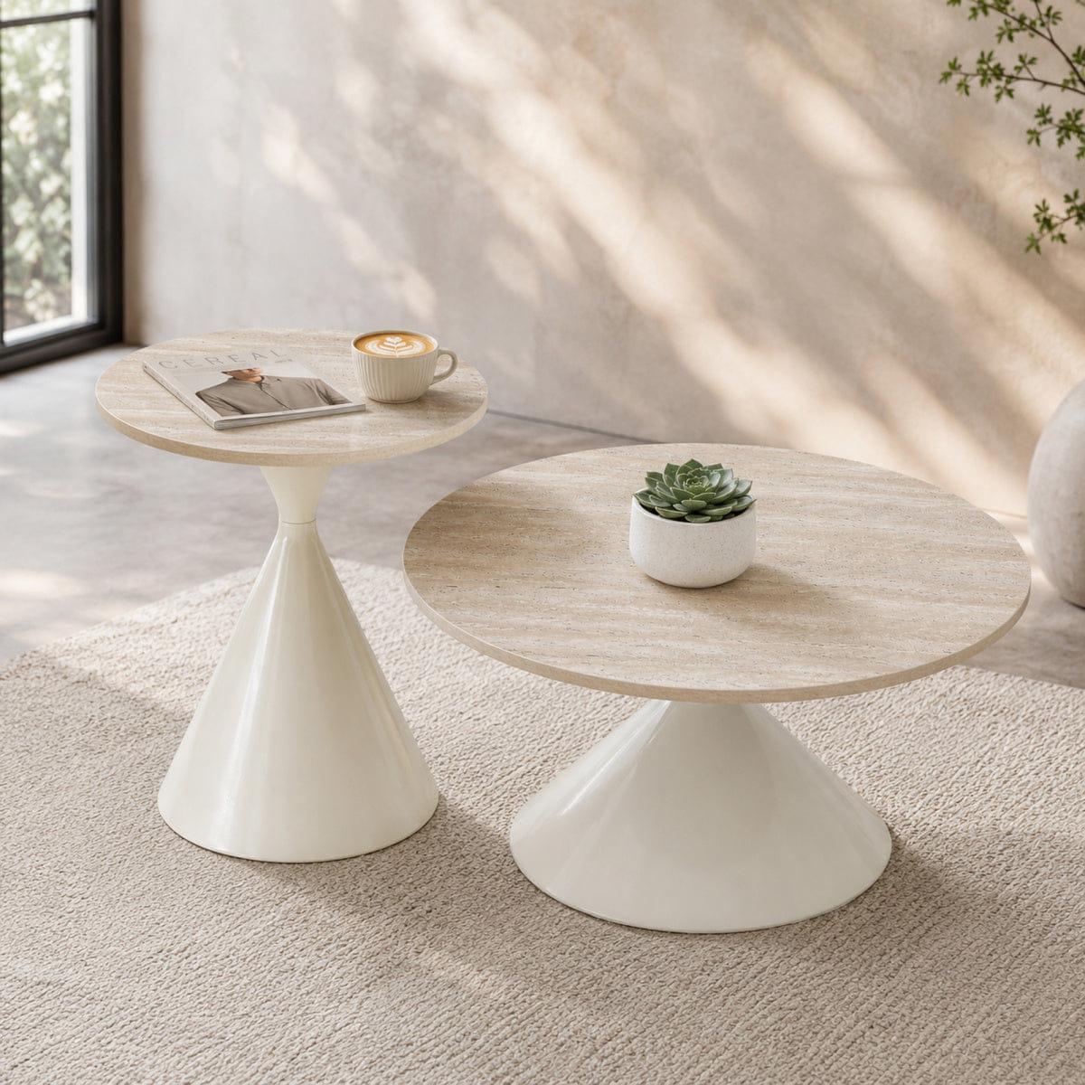 WHITE* Streamdale 2 - Piece White Round Travertine Coffee Table Set