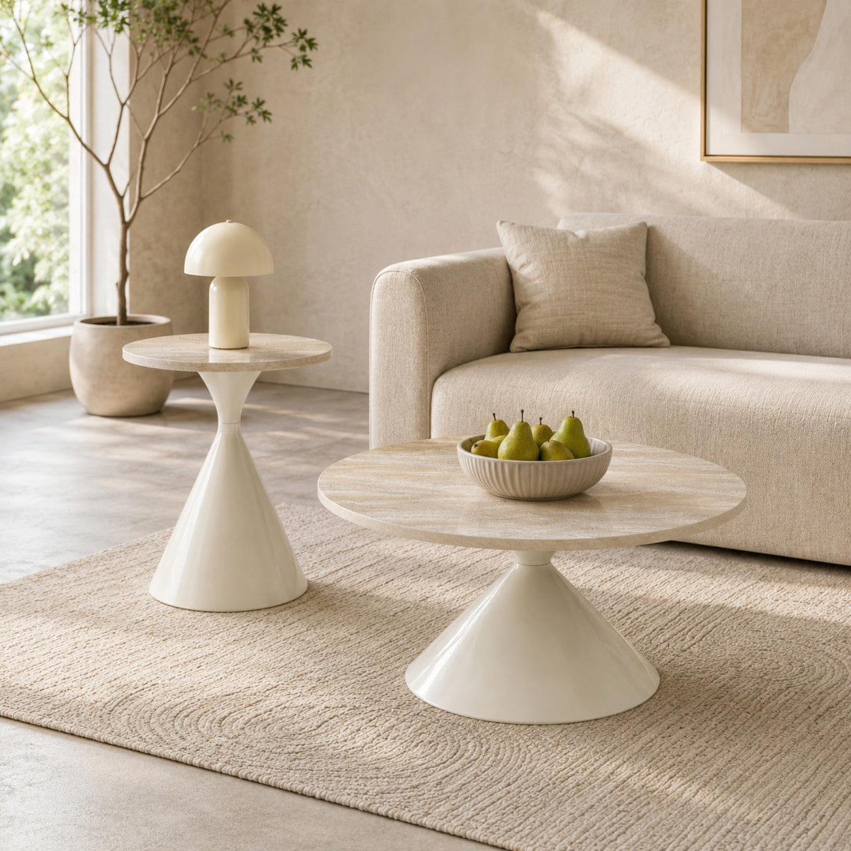 WHITE* Streamdale 2 - Piece White Round Travertine Coffee Table Set
