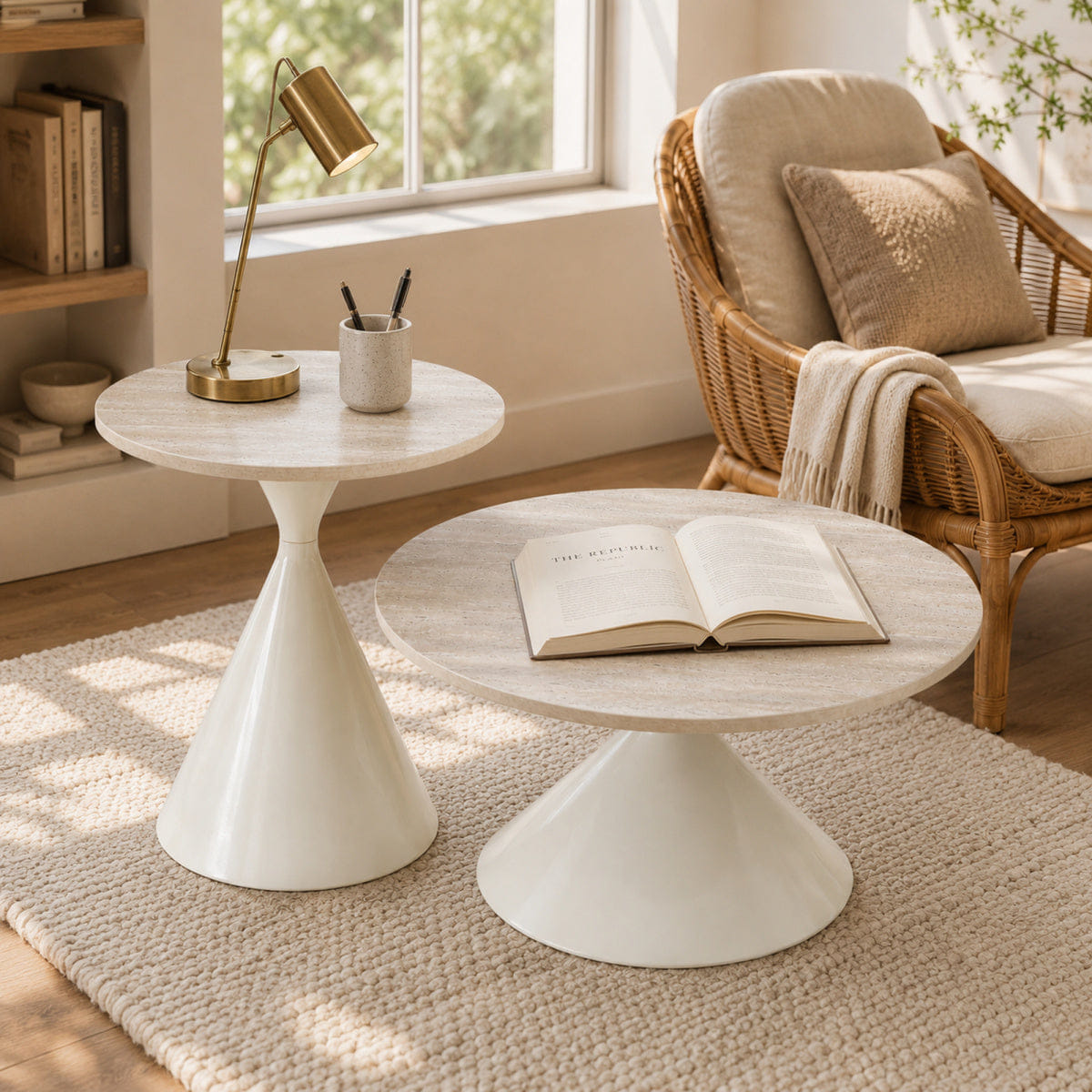 WHITE* Streamdale 2 - Piece White Round Travertine Coffee Table Set