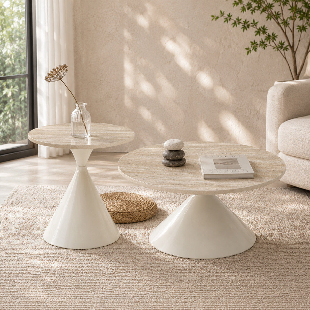 WHITE* Streamdale 2 - Piece White Round Travertine Coffee Table Set