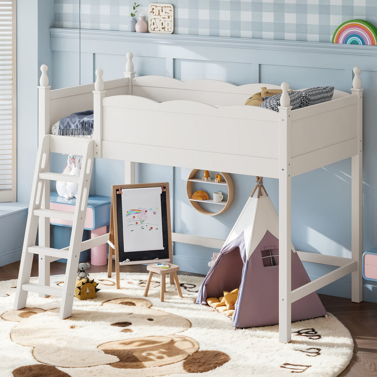 Space Streamdale Twin Wood Loft Bed with Guardrails, Ladder & Storage Space, Beige