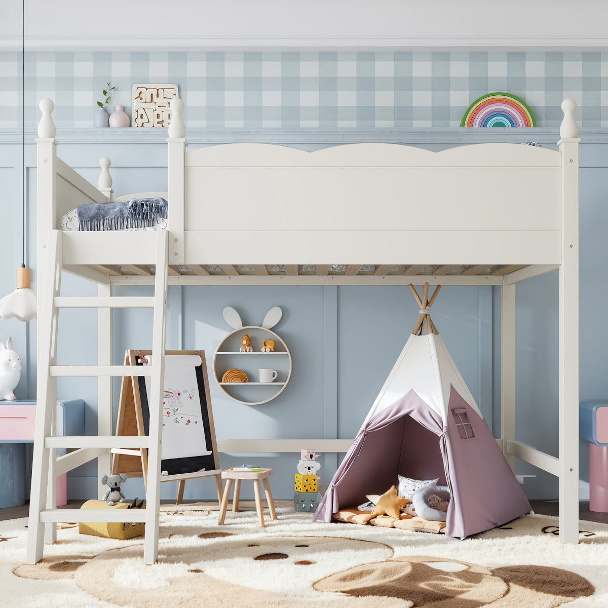 Space Streamdale Twin Wood Loft Bed with Guardrails, Ladder & Storage Space, Beige