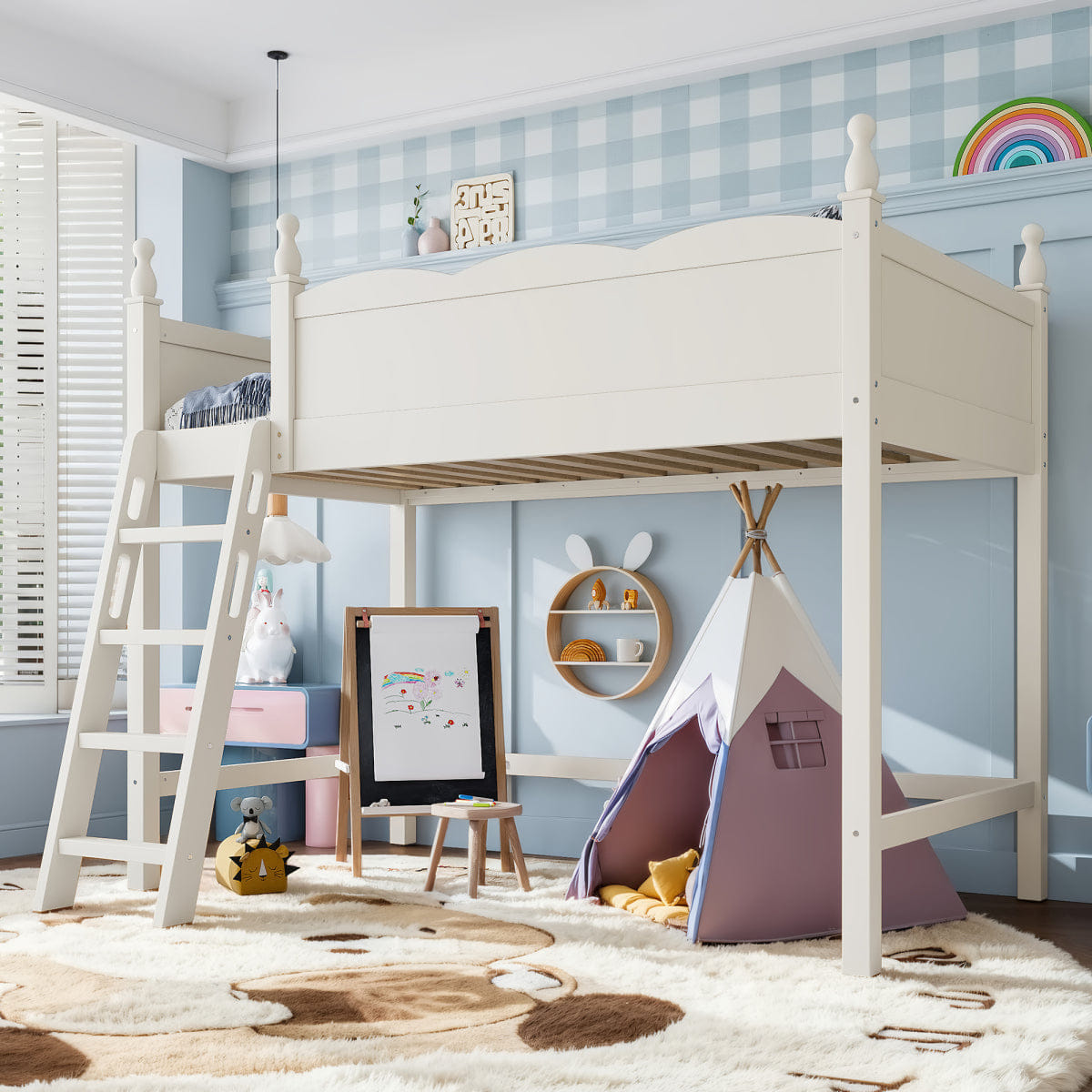 Space Streamdale Twin Wood Loft Bed with Guardrails, Ladder & Storage Space, Beige