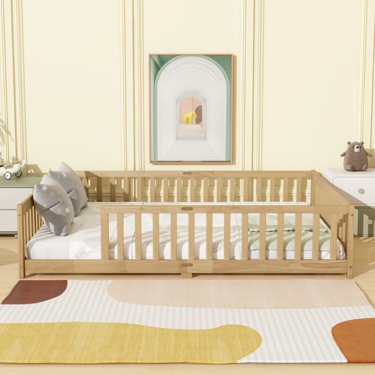 FLOOR Streamdale Queen Size Rubber Wood Floor Fence Bed with Safety Guardrails, Natural