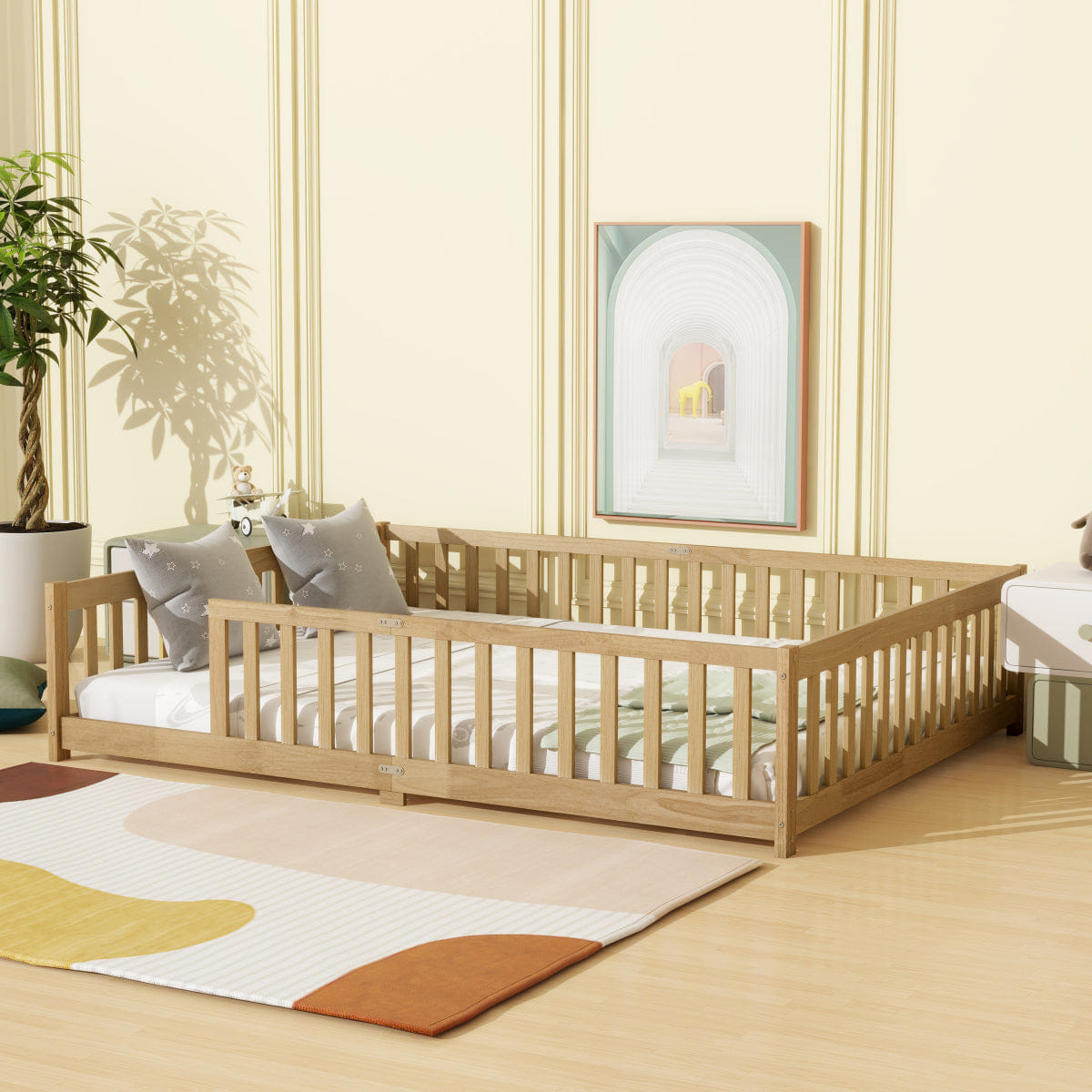 FLOOR Streamdale Queen Size Rubber Wood Floor Fence Bed with Safety Guardrails, Natural