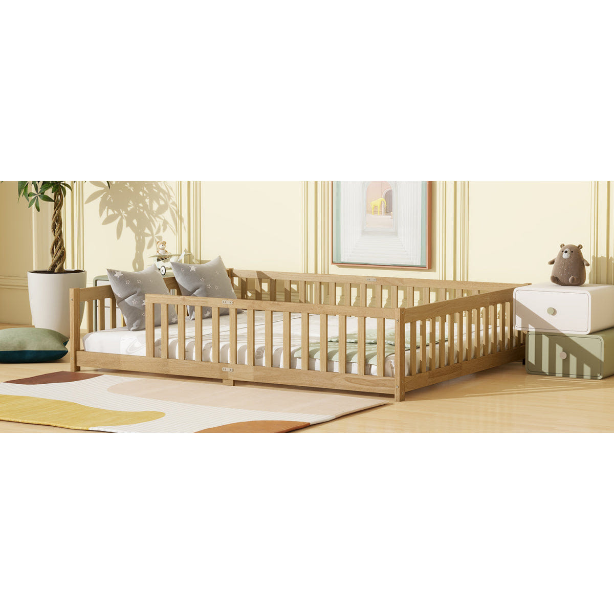 FLOOR Streamdale Queen Size Rubber Wood Floor Fence Bed with Safety Guardrails, Natural