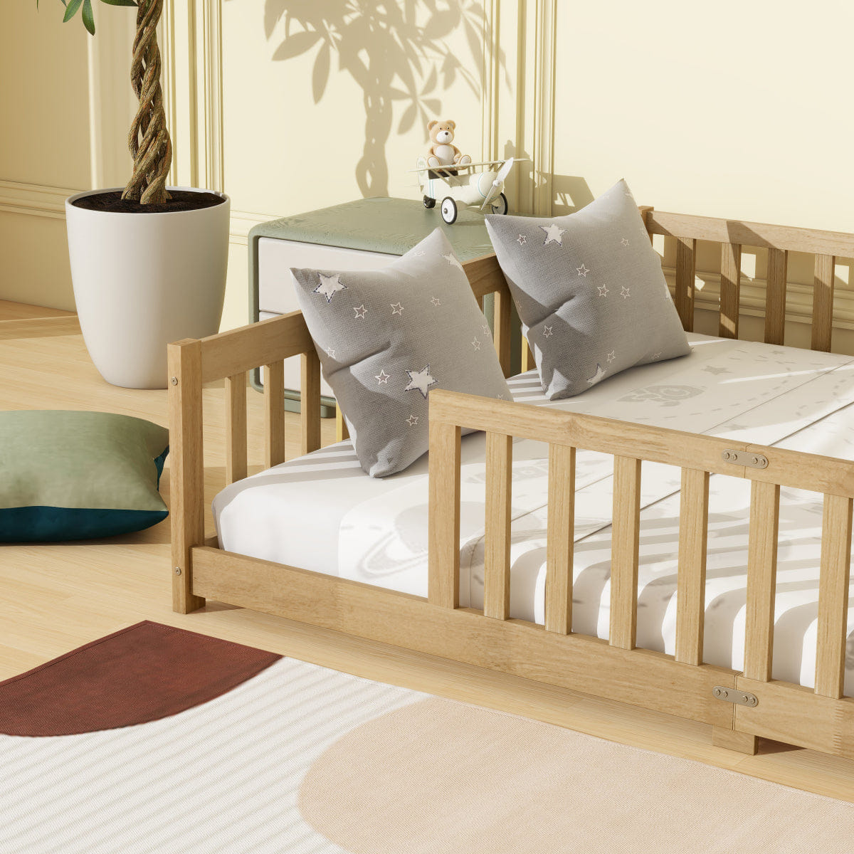 FLOOR Streamdale Queen Size Rubber Wood Floor Fence Bed with Safety Guardrails, Natural
