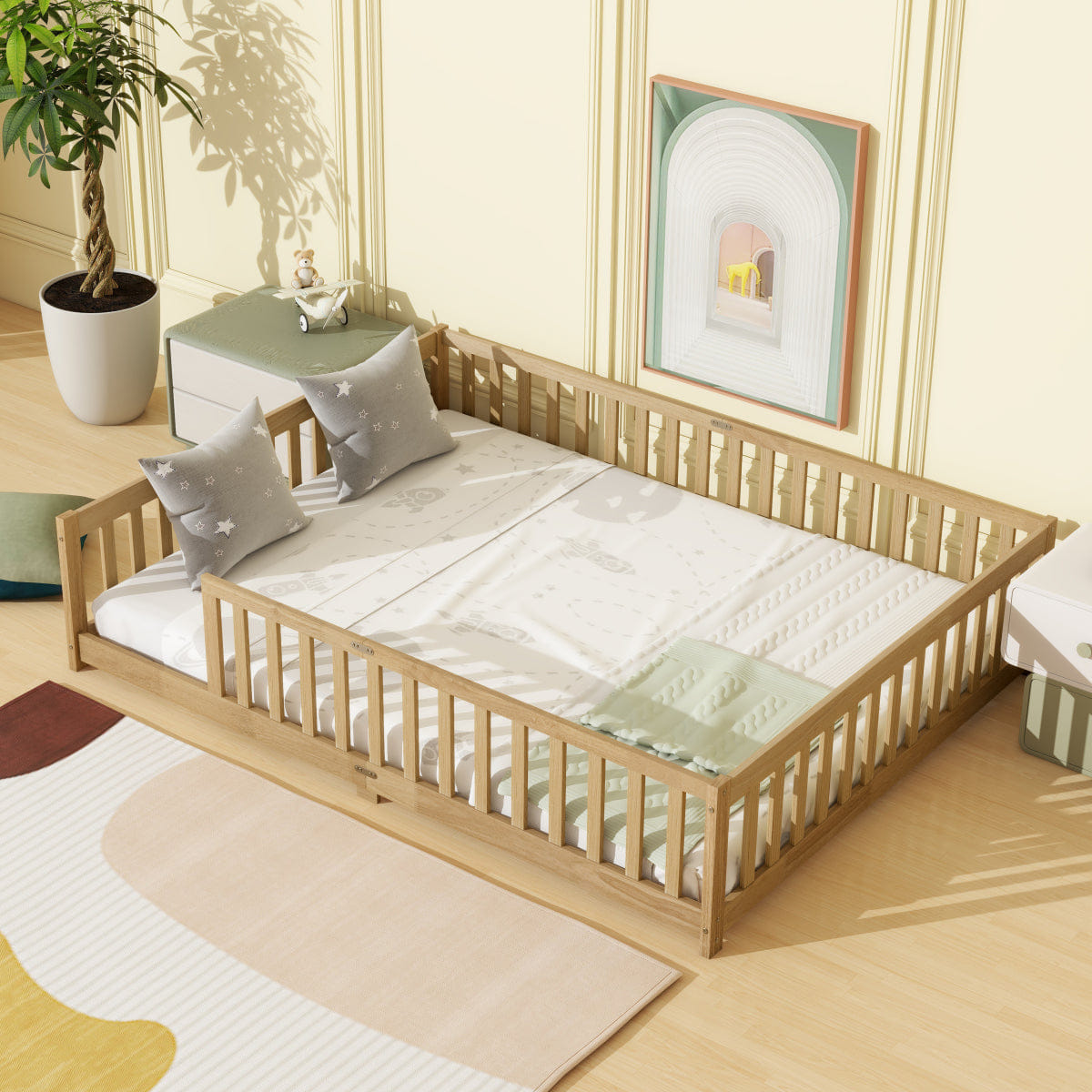 FLOOR Streamdale Queen Size Rubber Wood Floor Fence Bed with Safety Guardrails, Natural