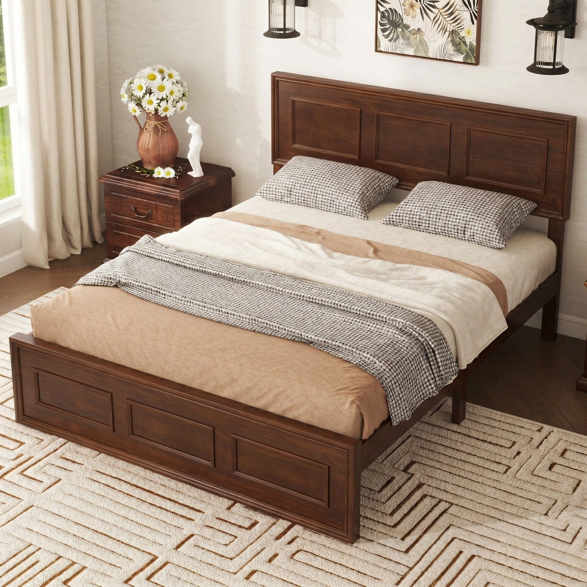 WOOD Streamdale Full Size Pine Wood Bed with Adjustable Headboard, Walnut
