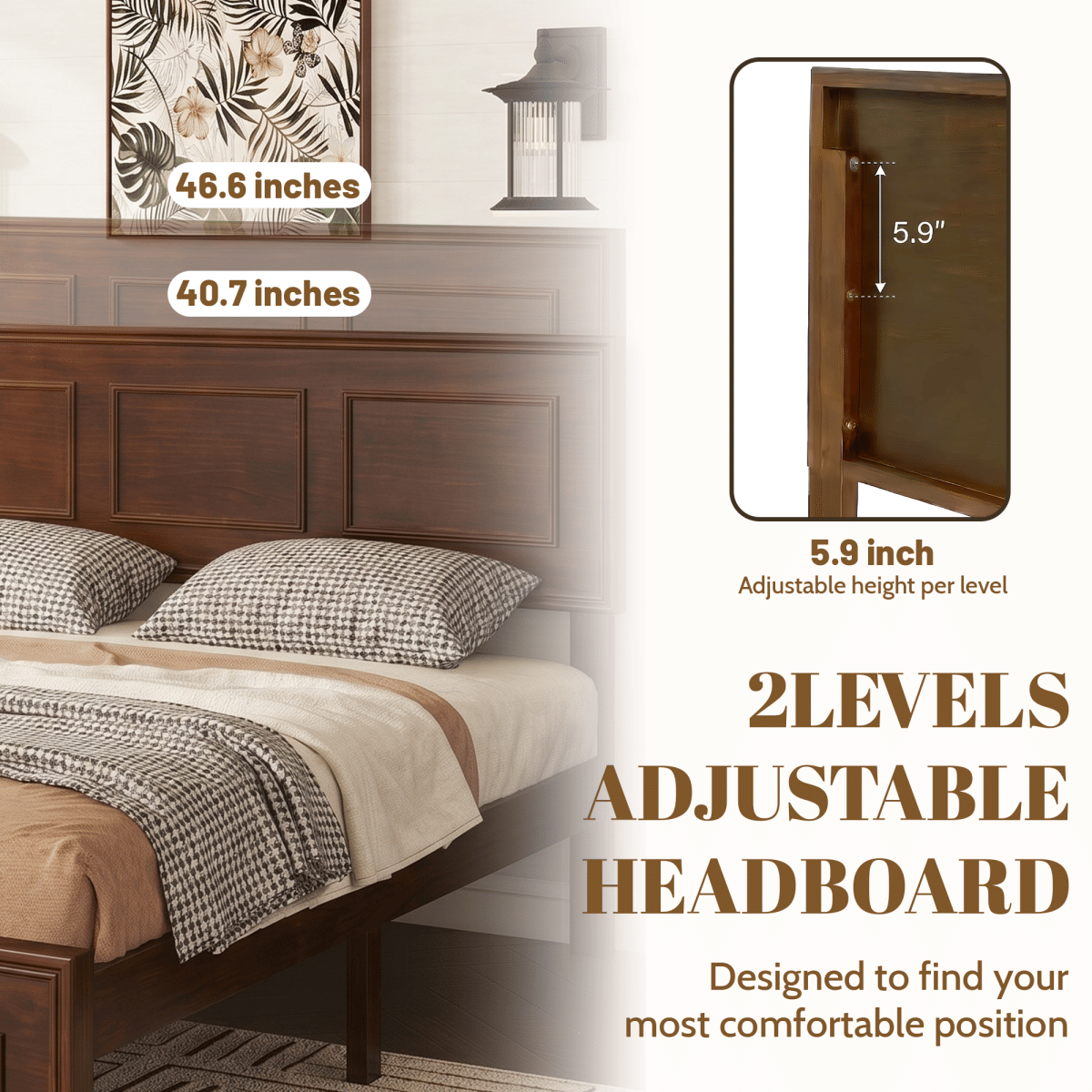 WOOD Streamdale Full Size Pine Wood Bed with Adjustable Headboard, Walnut